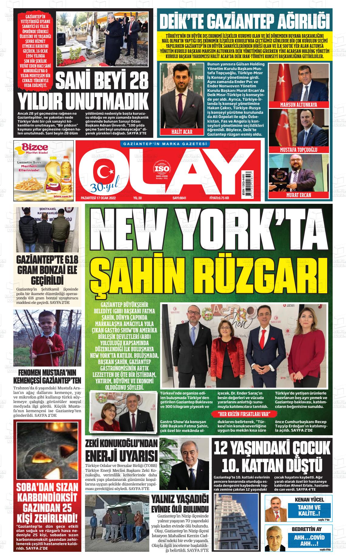 17 Ocak 2022 Olay Medya Gazete Manşeti