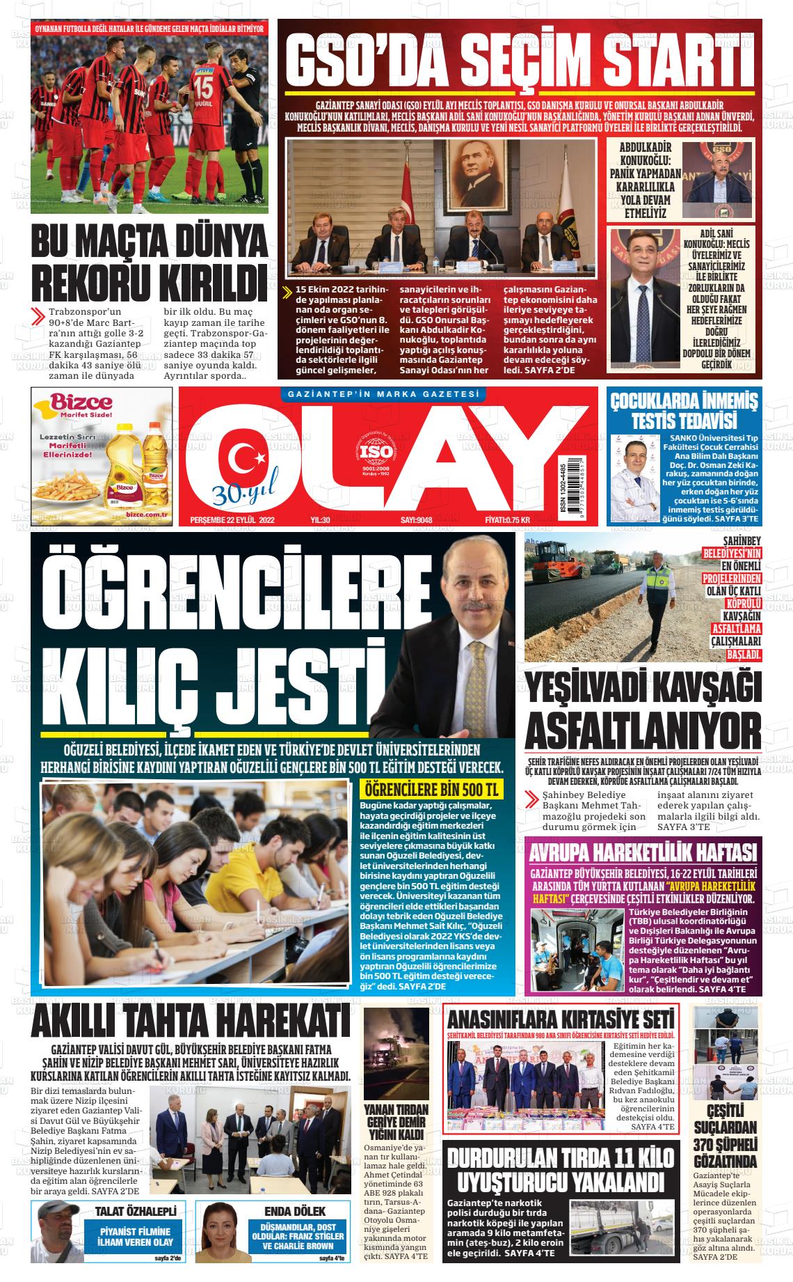 22 Eylül 2022 Olay Medya Gazete Manşeti