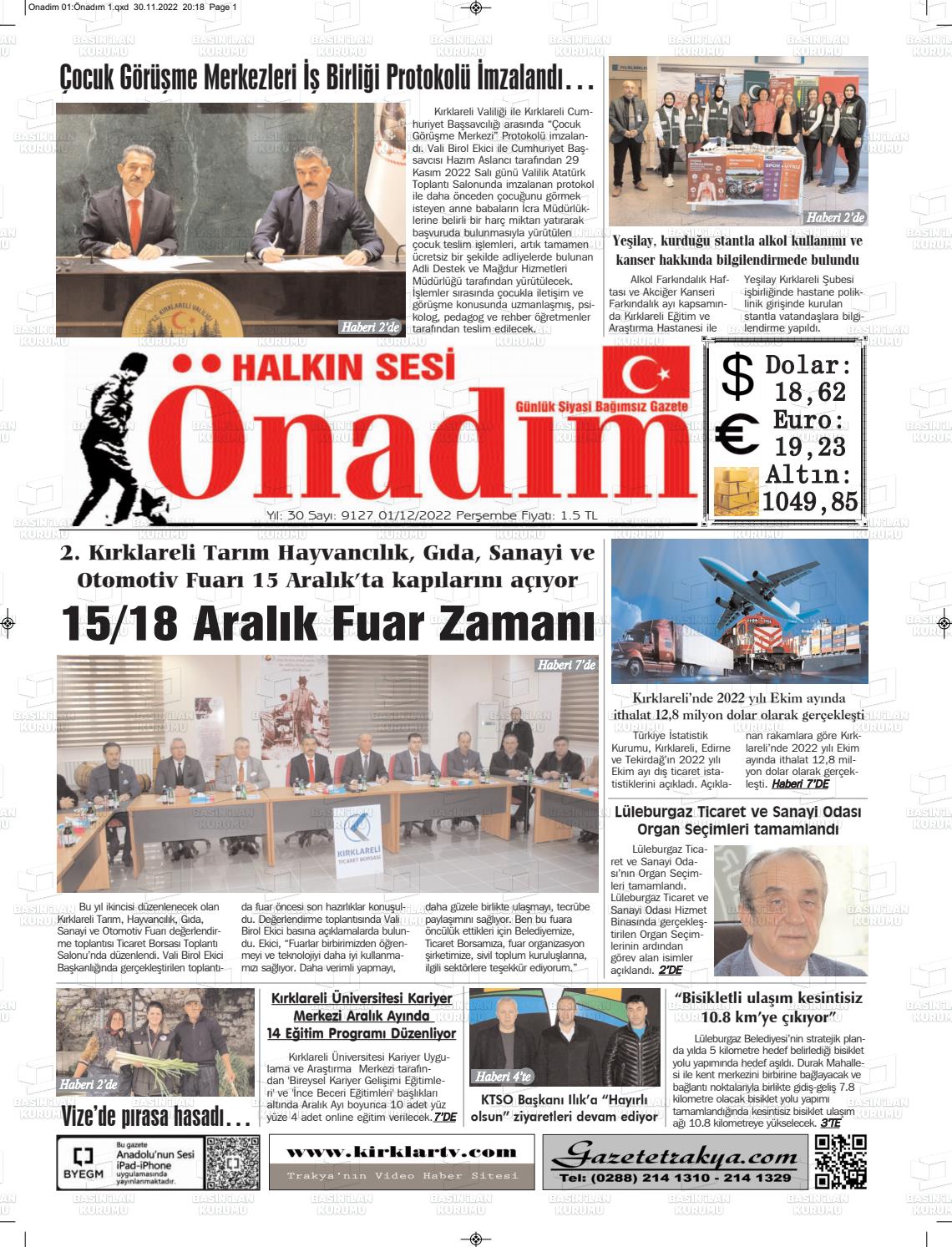 01 Aralık 2022 Halkın Sesi Önadım Gazete Manşeti