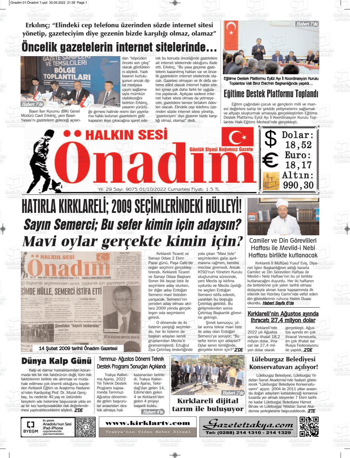 01 Ekim 2022 Halkın Sesi Önadım Gazete Manşeti