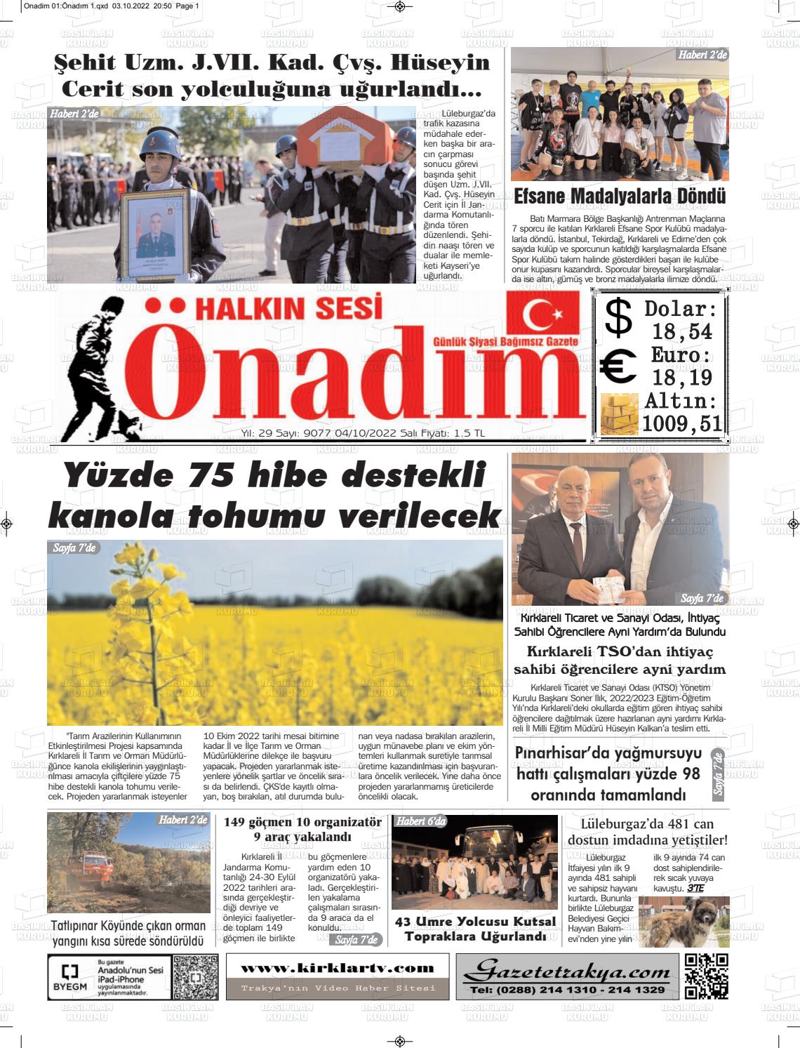04 Ekim 2022 Halkın Sesi Önadım Gazete Manşeti