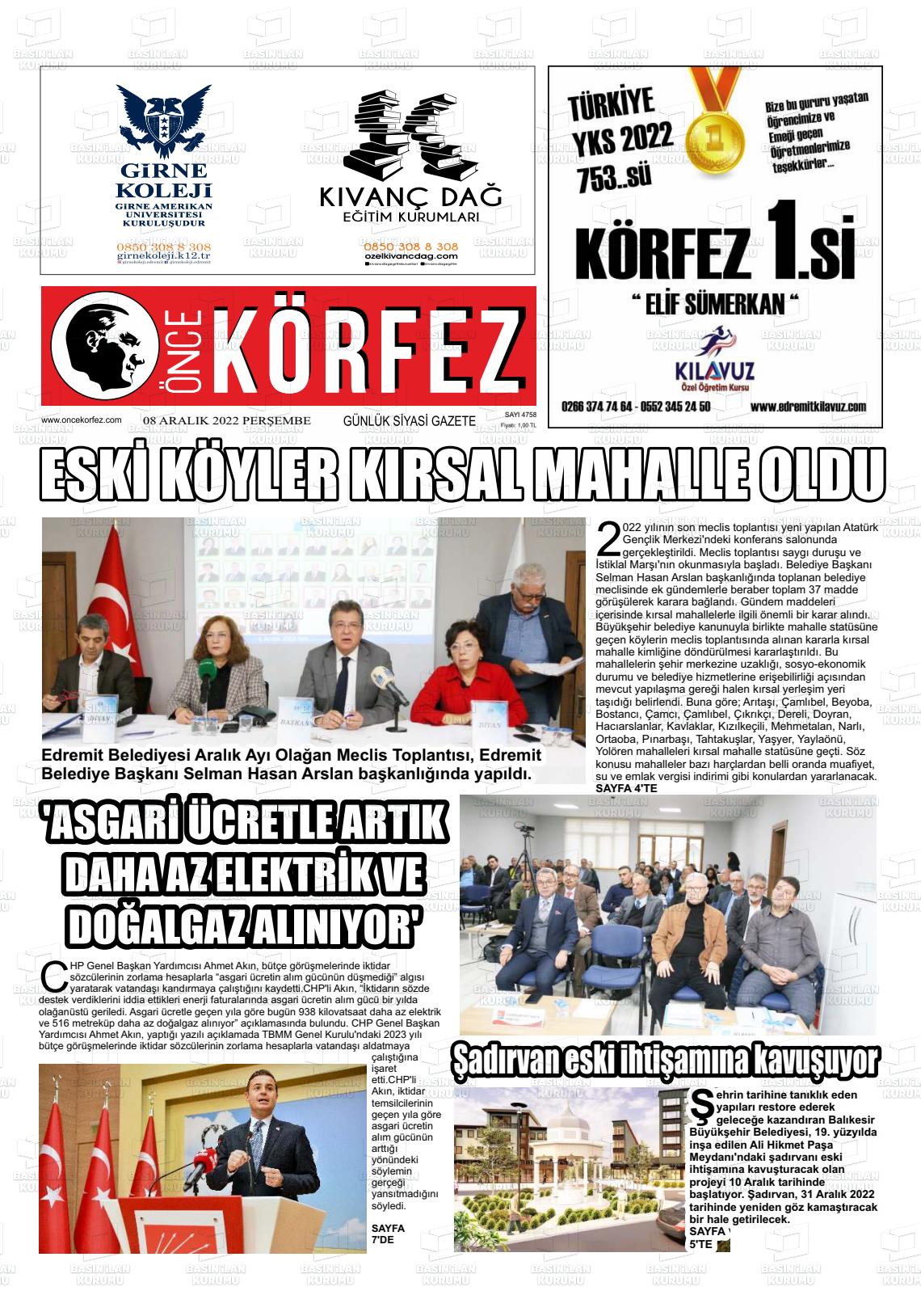 08 Aralık 2022 Önce Körfez Gazete Manşeti