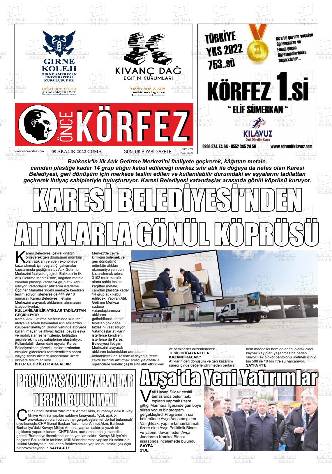 09 Aralık 2022 Önce Körfez Gazete Manşeti