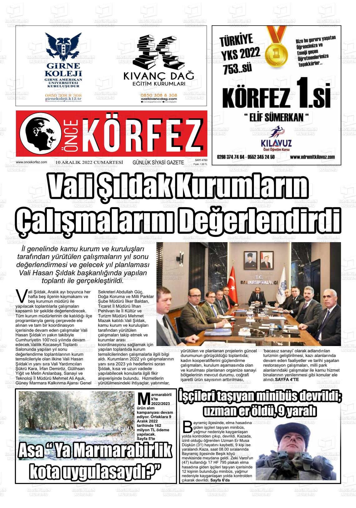 10 Aralık 2022 Önce Körfez Gazete Manşeti