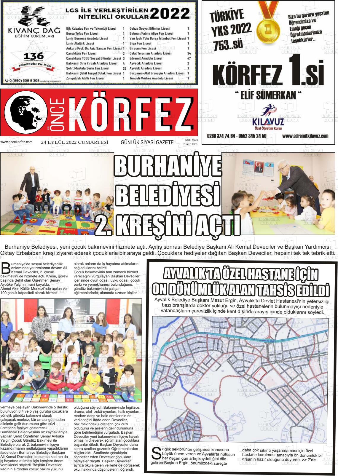 24 Eylül 2022 Önce Körfez Gazete Manşeti