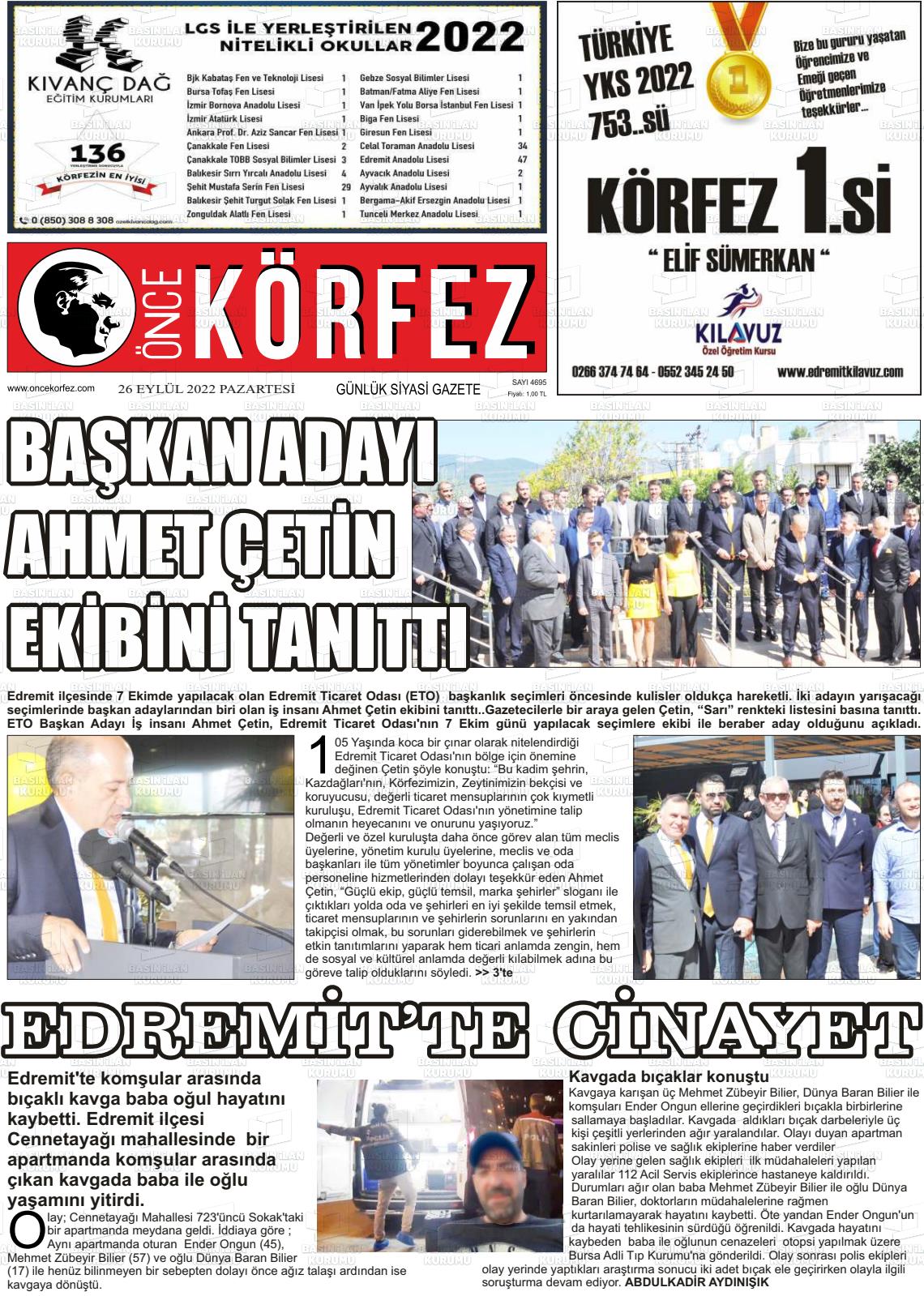 26 Eylül 2022 Önce Körfez Gazete Manşeti