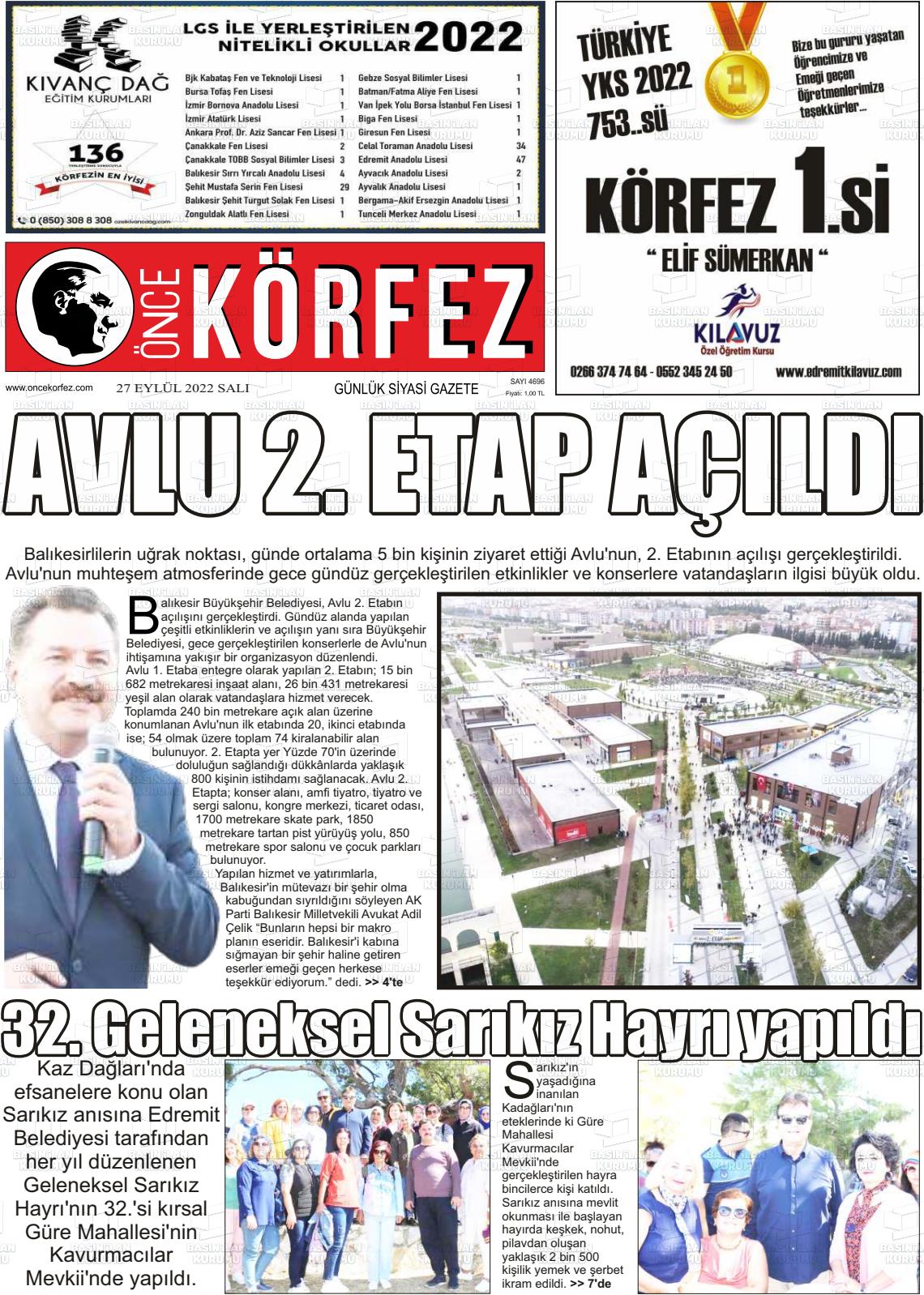 27 Eylül 2022 Önce Körfez Gazete Manşeti