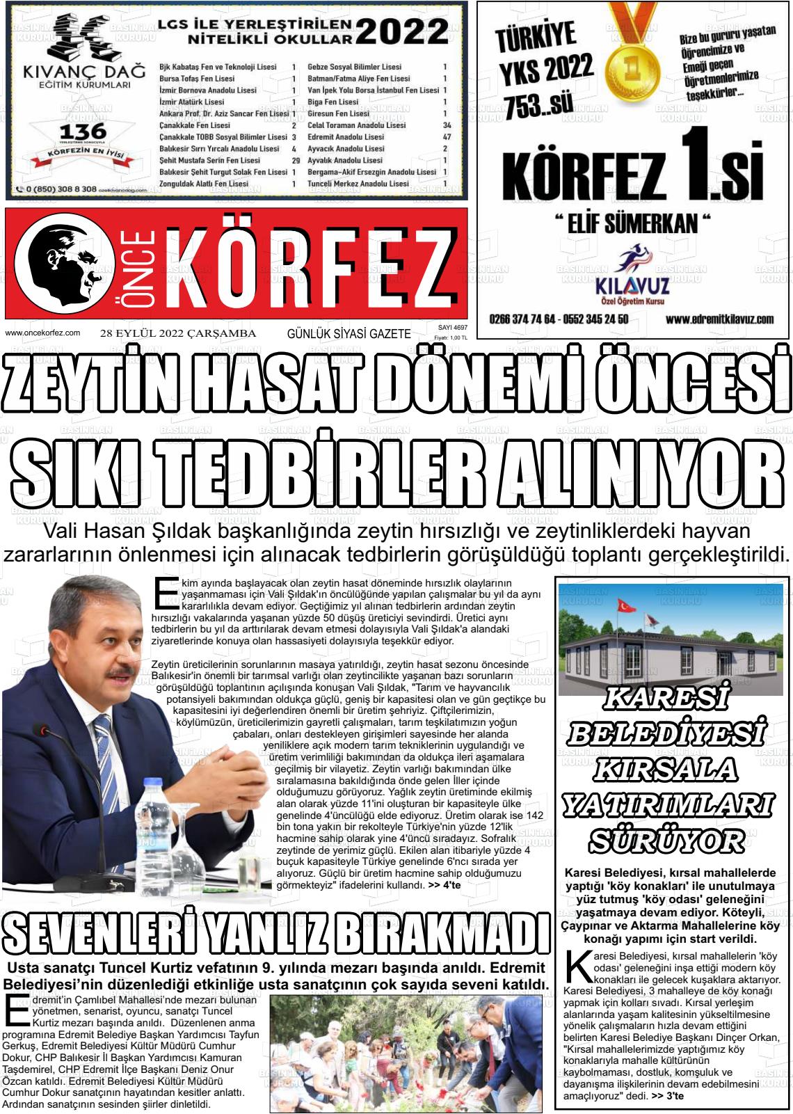 28 Eylül 2022 Önce Körfez Gazete Manşeti