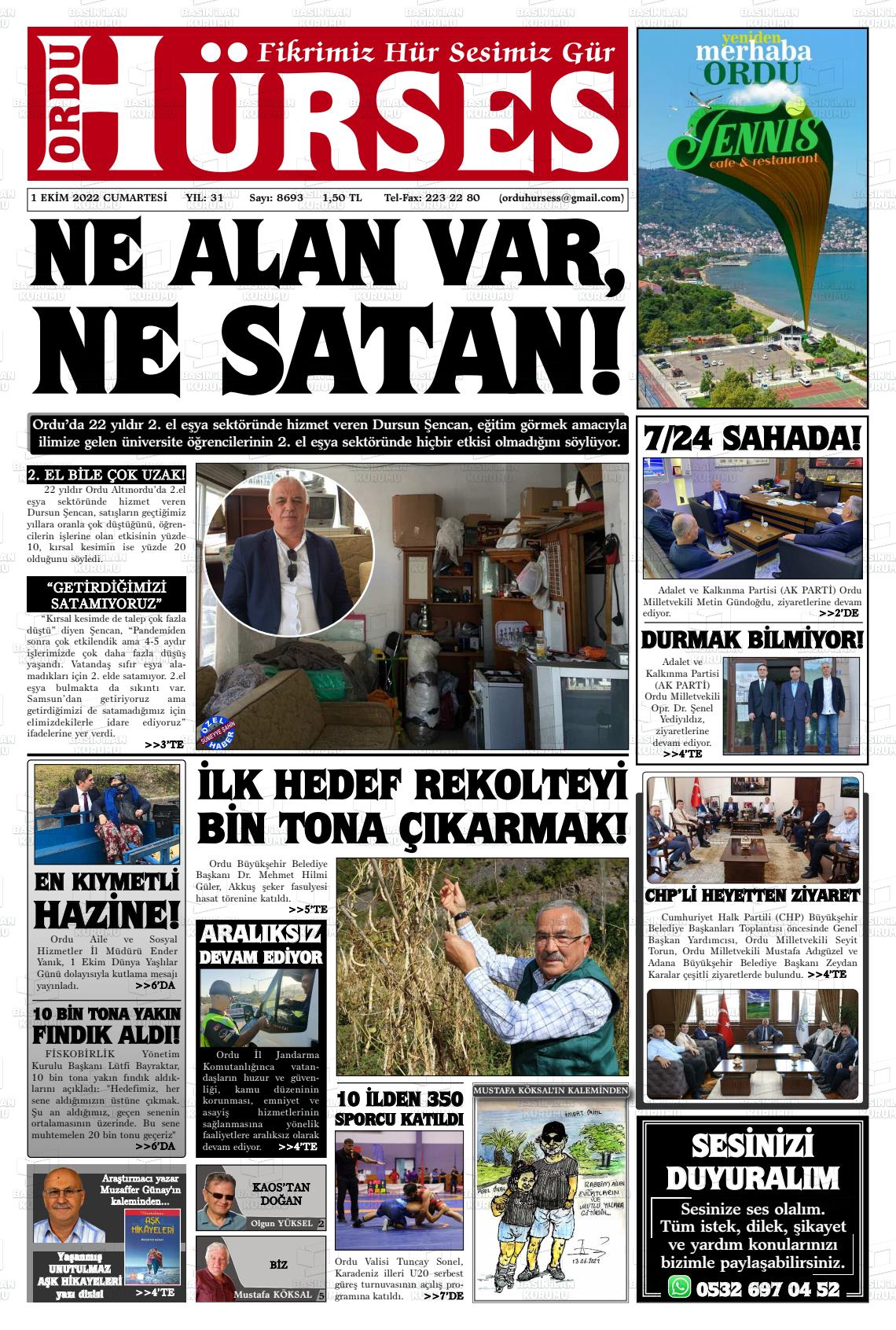 01 Ekim 2022 Ordu Hürses Gazete Manşeti