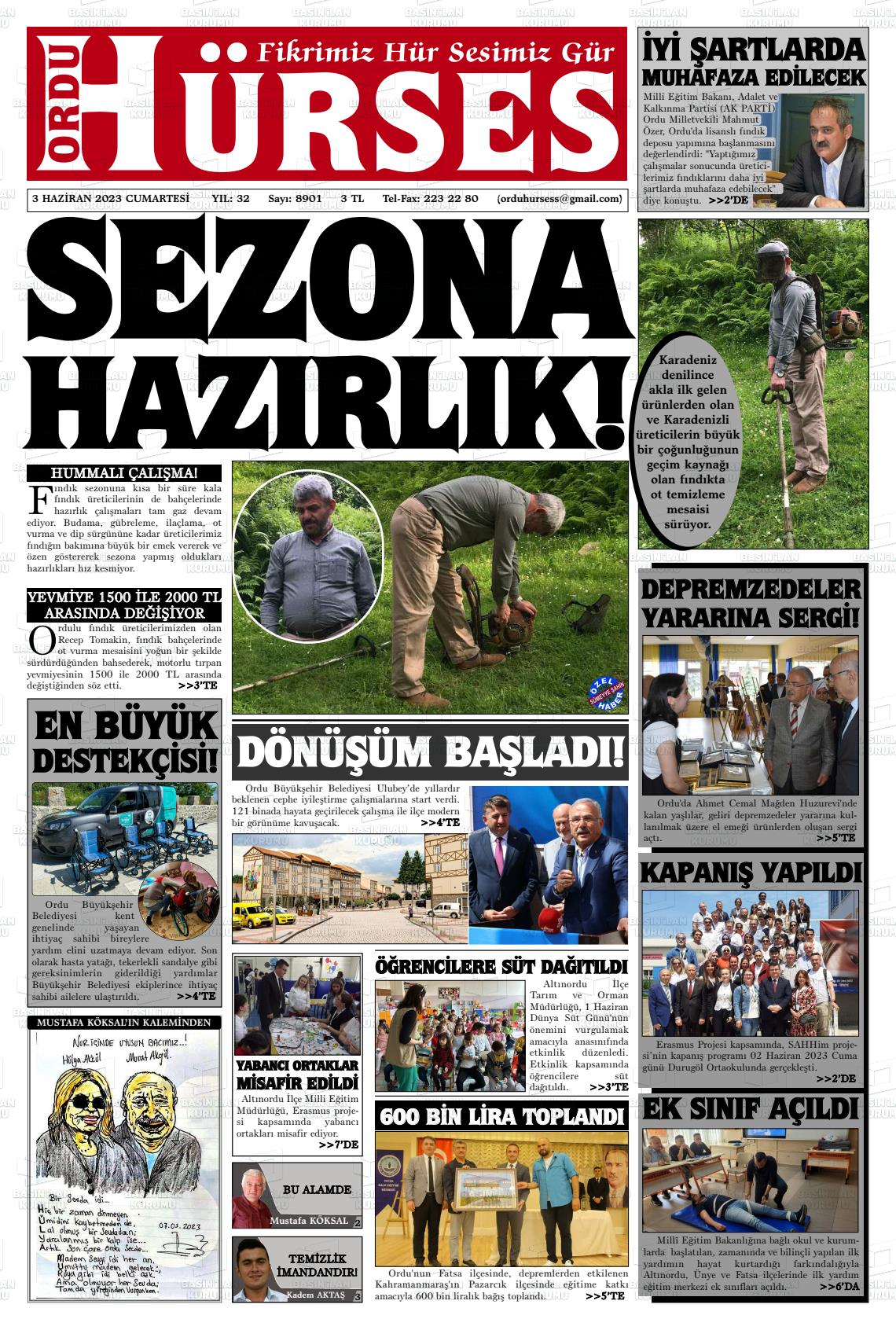 03 Haziran 2023 Ordu Hürses Gazete Manşeti