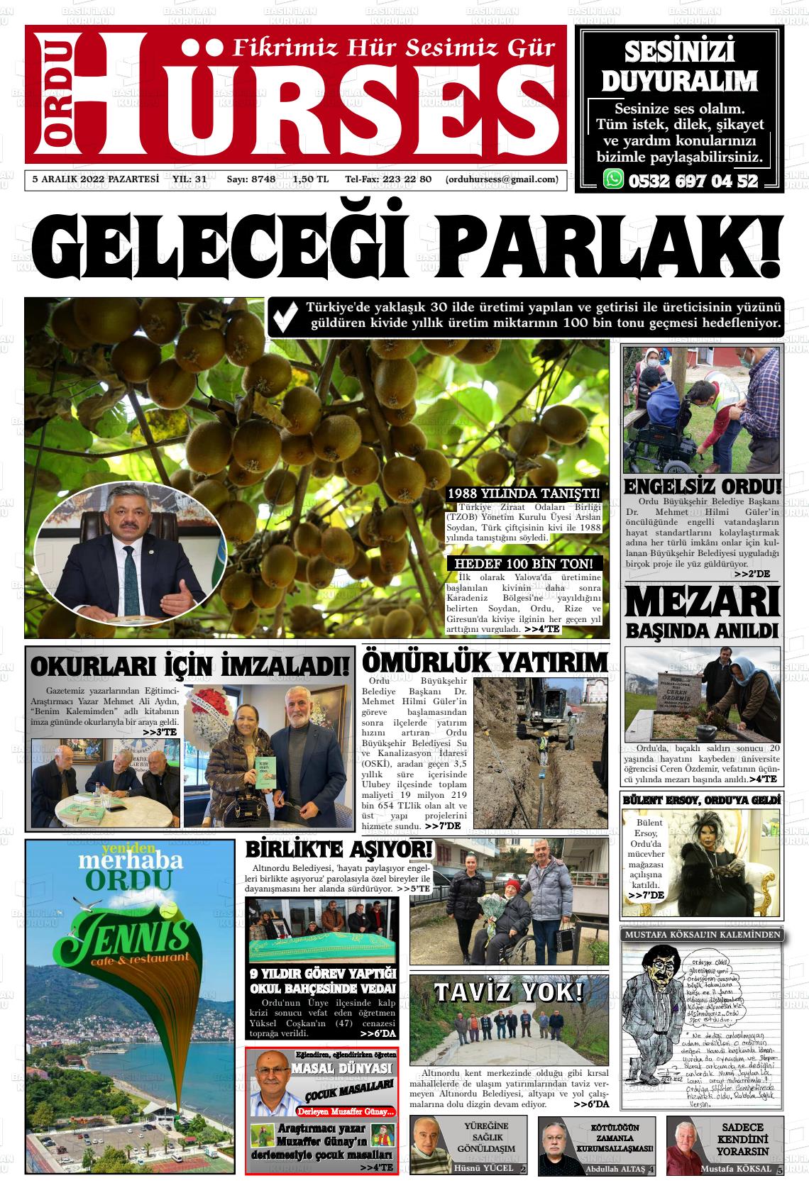 05 Aralık 2022 Ordu Hürses Gazete Manşeti