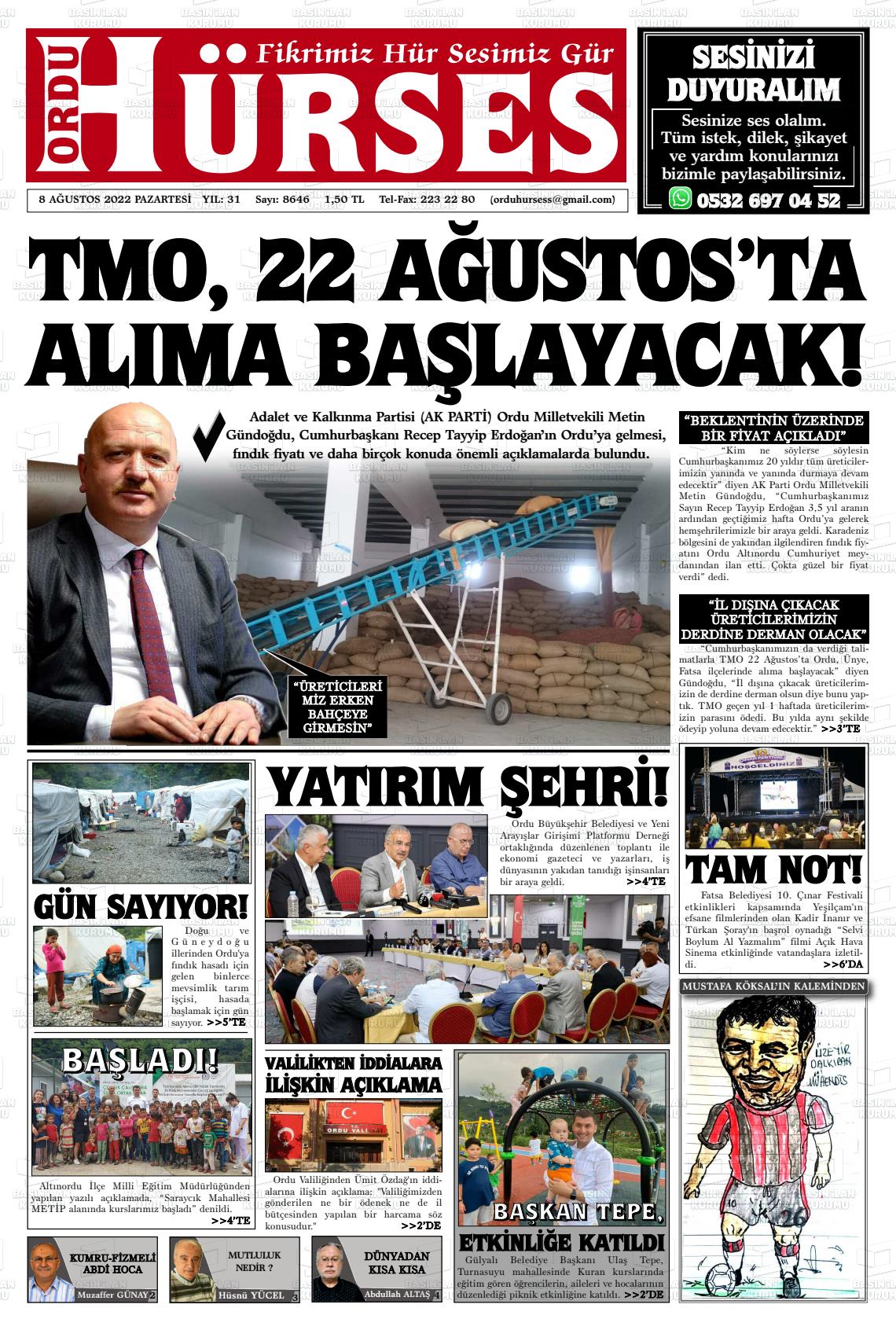 08 Ağustos 2022 Ordu Hürses Gazete Manşeti