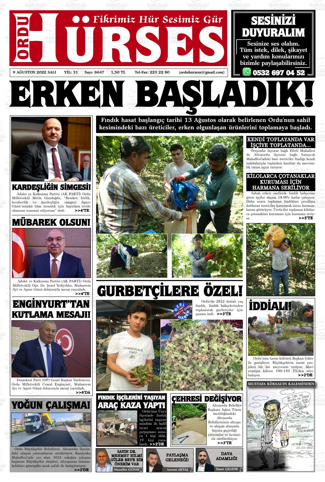 09 Ağustos 2022 Ordu Hürses Gazete Manşeti