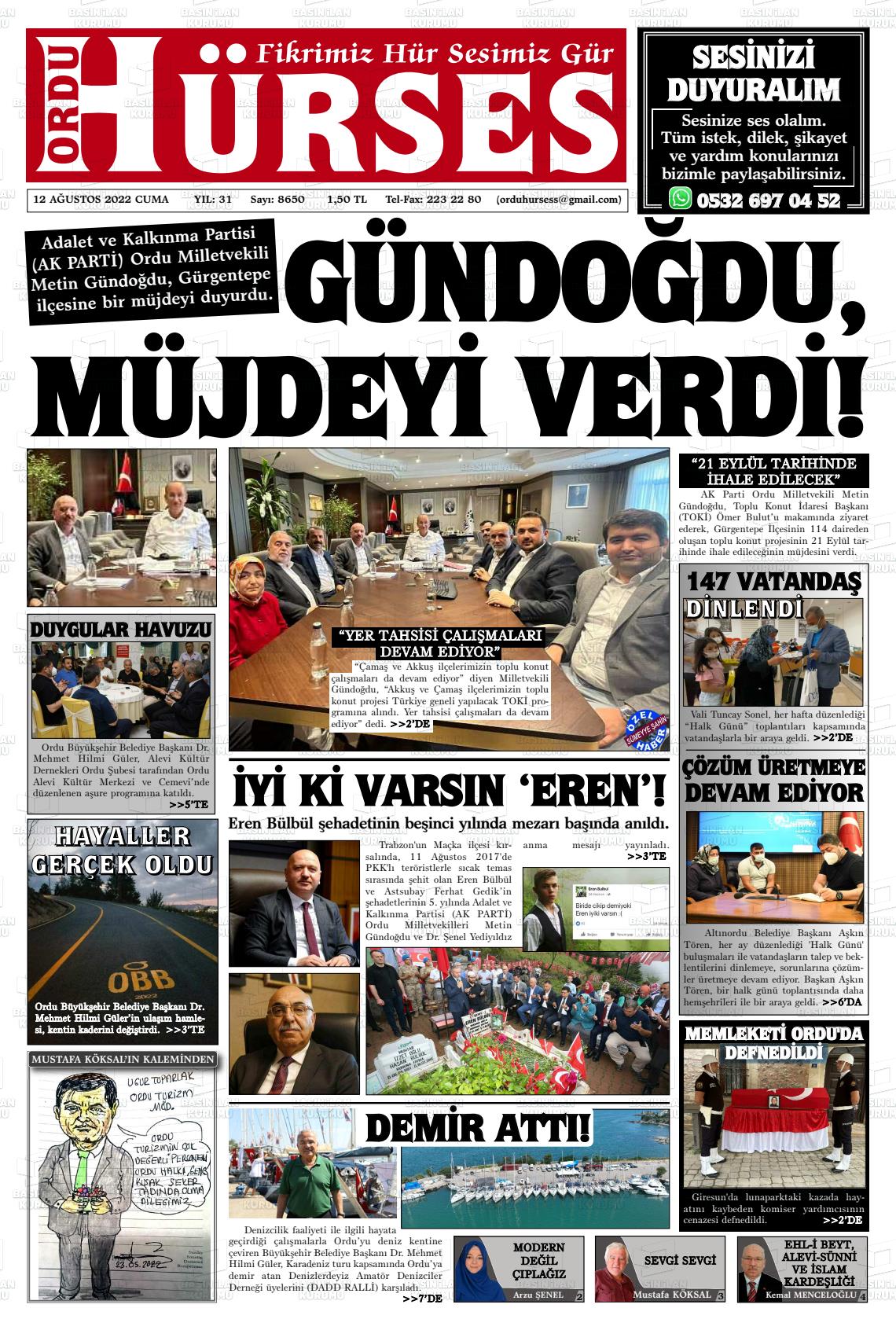 12 Ağustos 2022 Ordu Hürses Gazete Manşeti