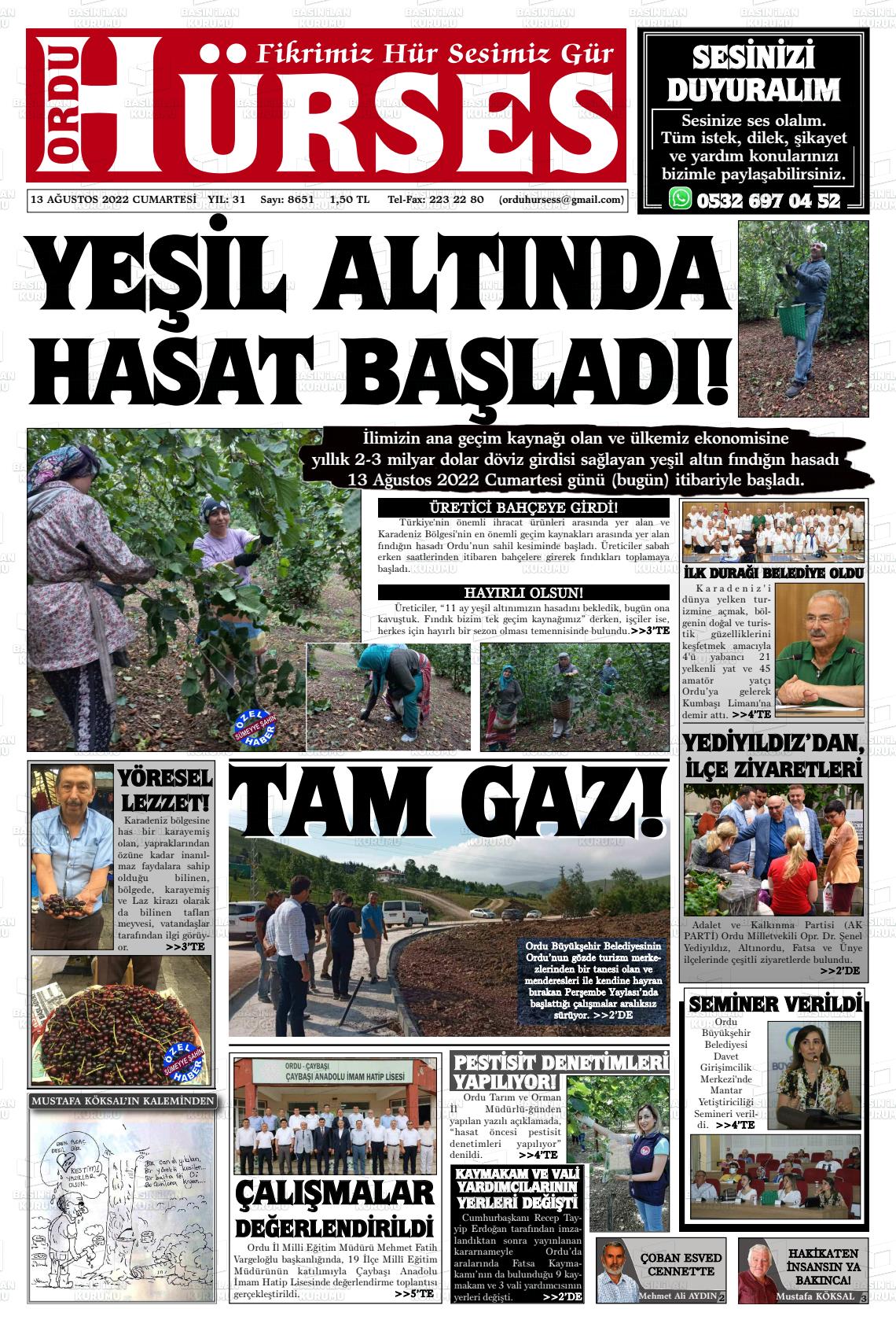 13 Ağustos 2022 Ordu Hürses Gazete Manşeti