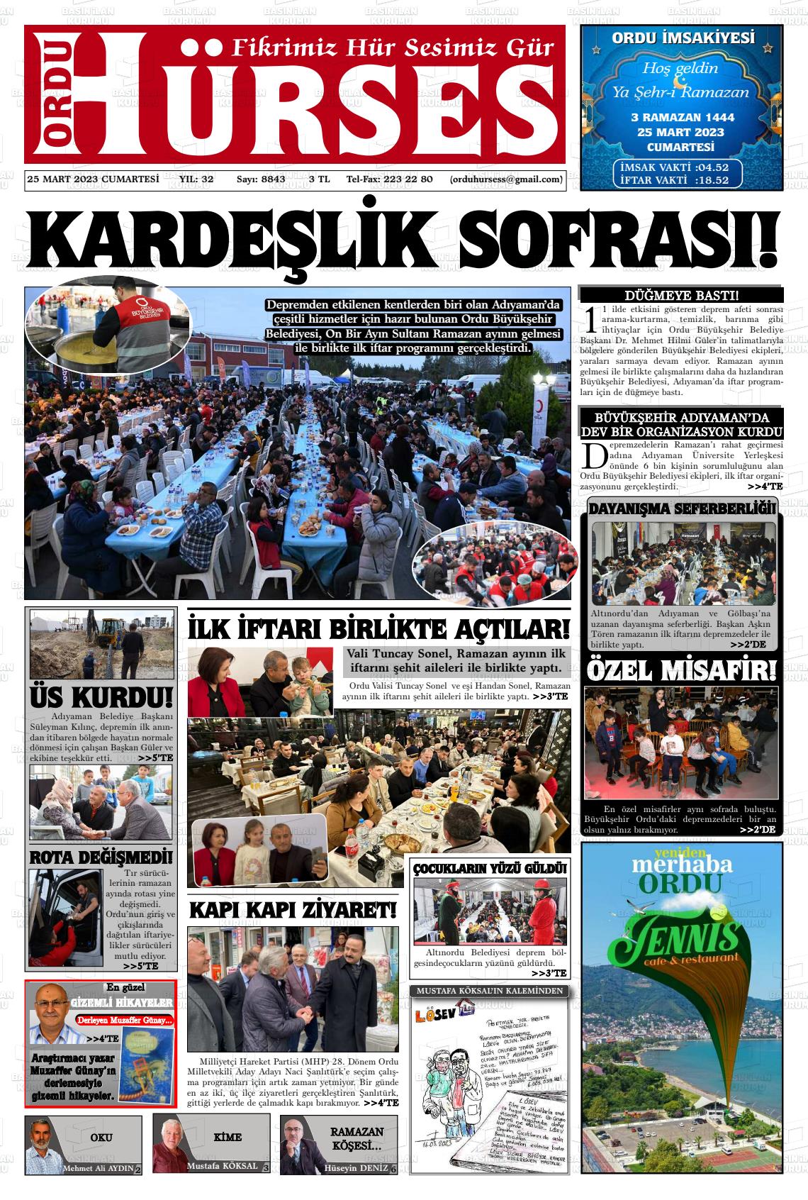 25 Mart 2023 Ordu Hürses Gazete Manşeti