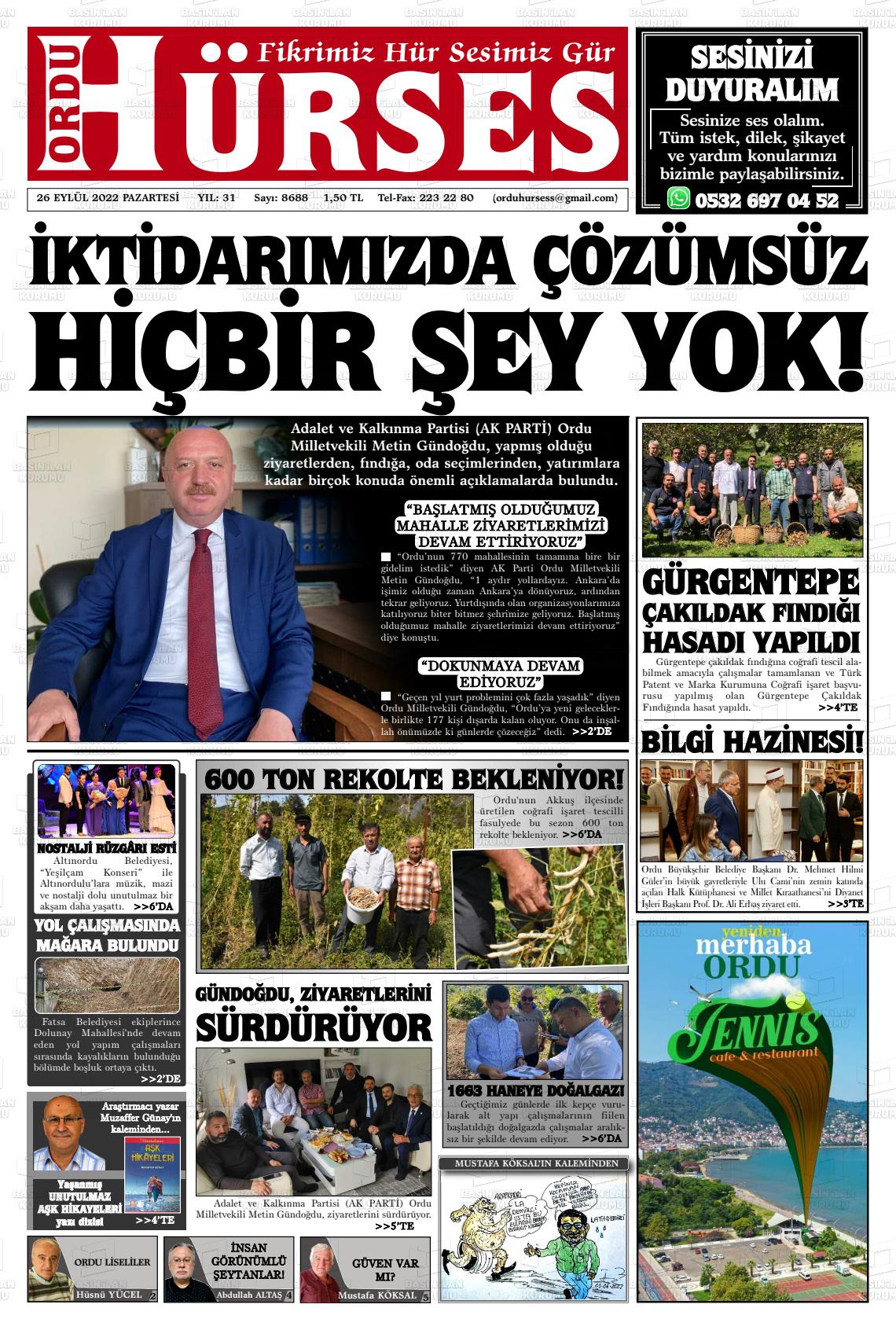 26 Eylül 2022 Ordu Hürses Gazete Manşeti