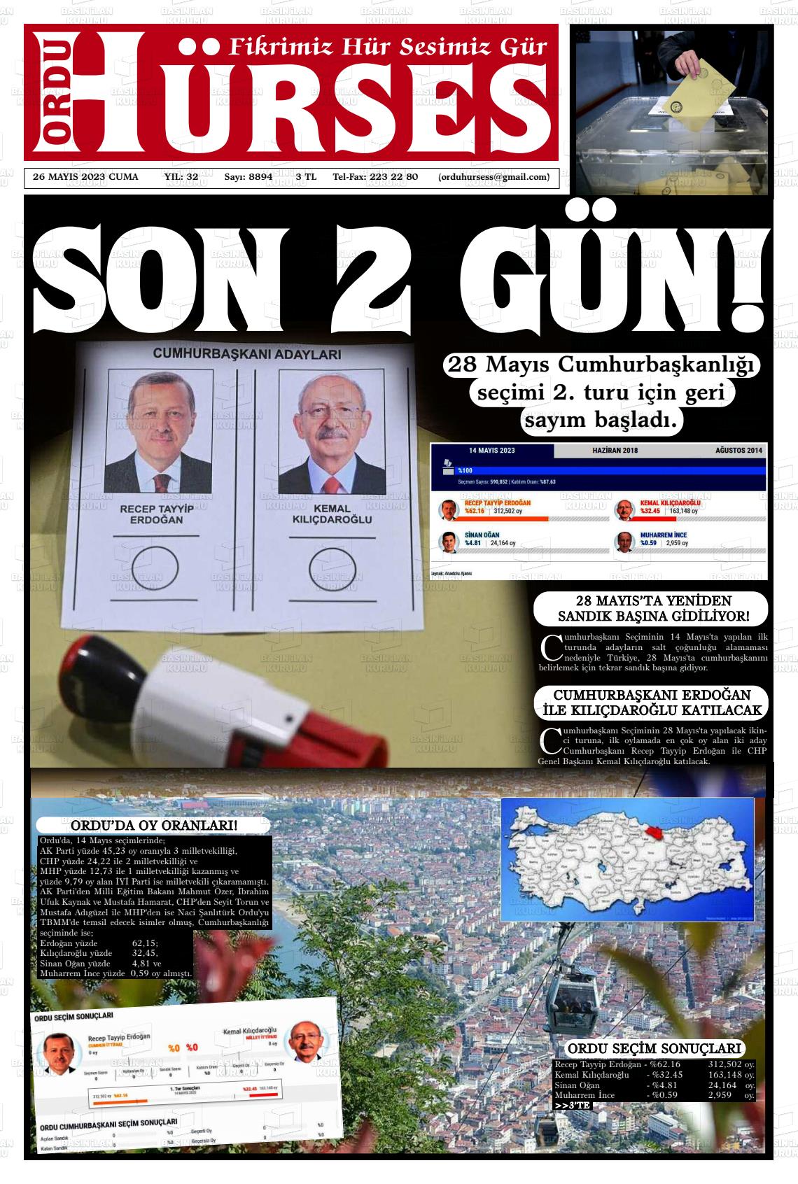 26 Mayıs 2023 Ordu Hürses Gazete Manşeti