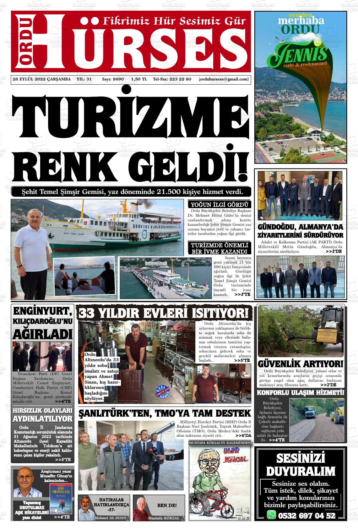 28 Eylül 2022 Ordu Hürses Gazete Manşeti