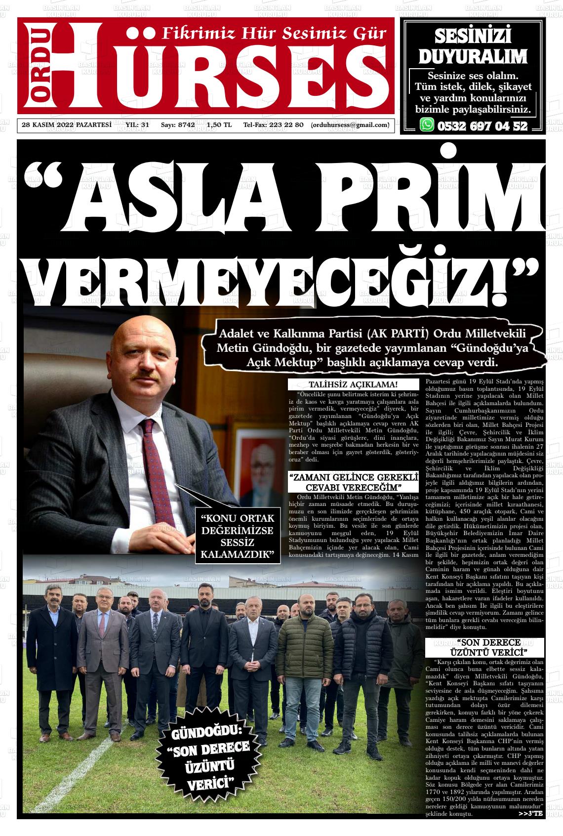 28 Kasım 2022 Ordu Hürses Gazete Manşeti