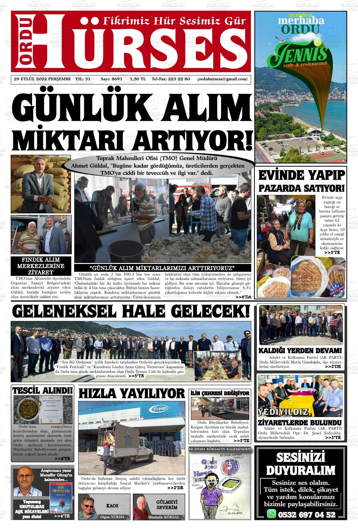 29 Eylül 2022 Ordu Hürses Gazete Manşeti