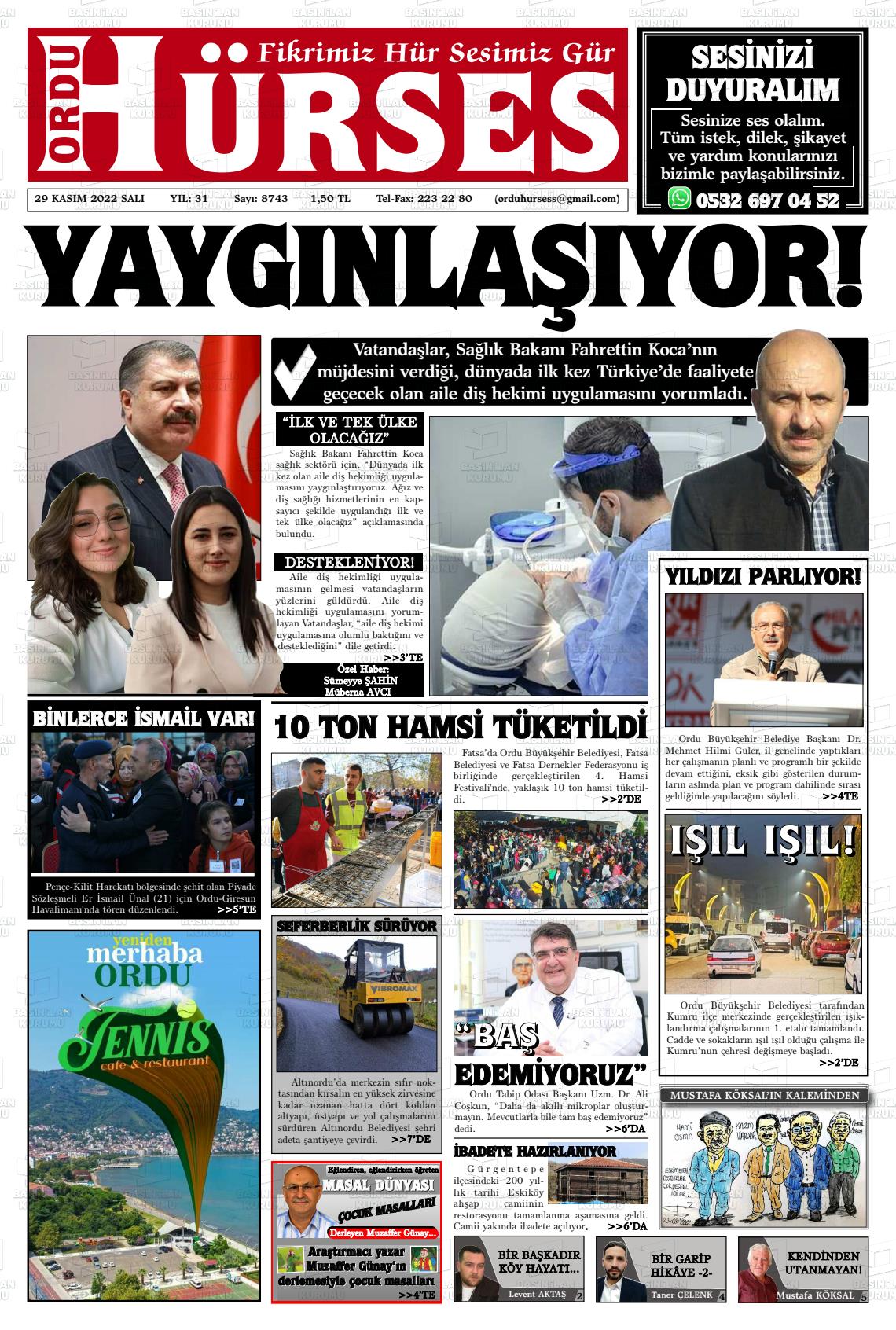 29 Kasım 2022 Ordu Hürses Gazete Manşeti