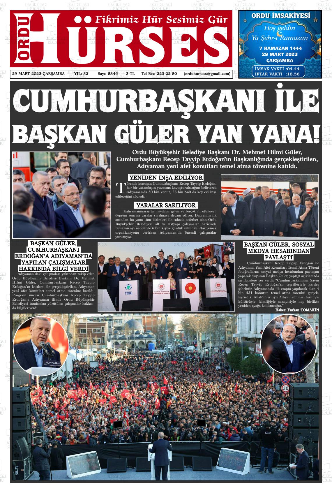 29 Mart 2023 Ordu Hürses Gazete Manşeti
