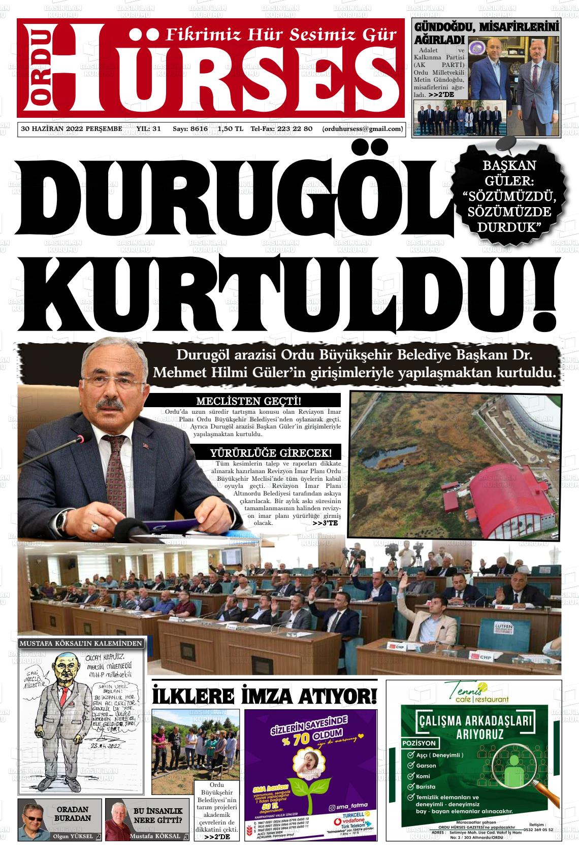01 Temmuz 2022 Ordu Hürses Gazete Manşeti