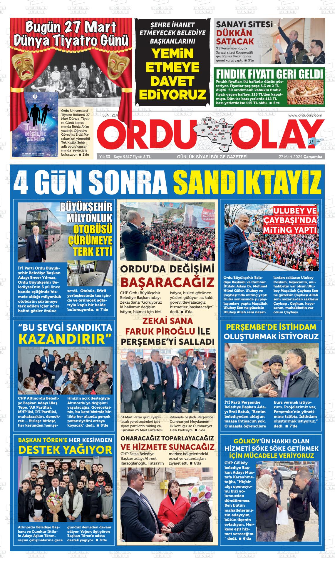 27 Mart 2024 Ordu Olay Gazete Manşeti