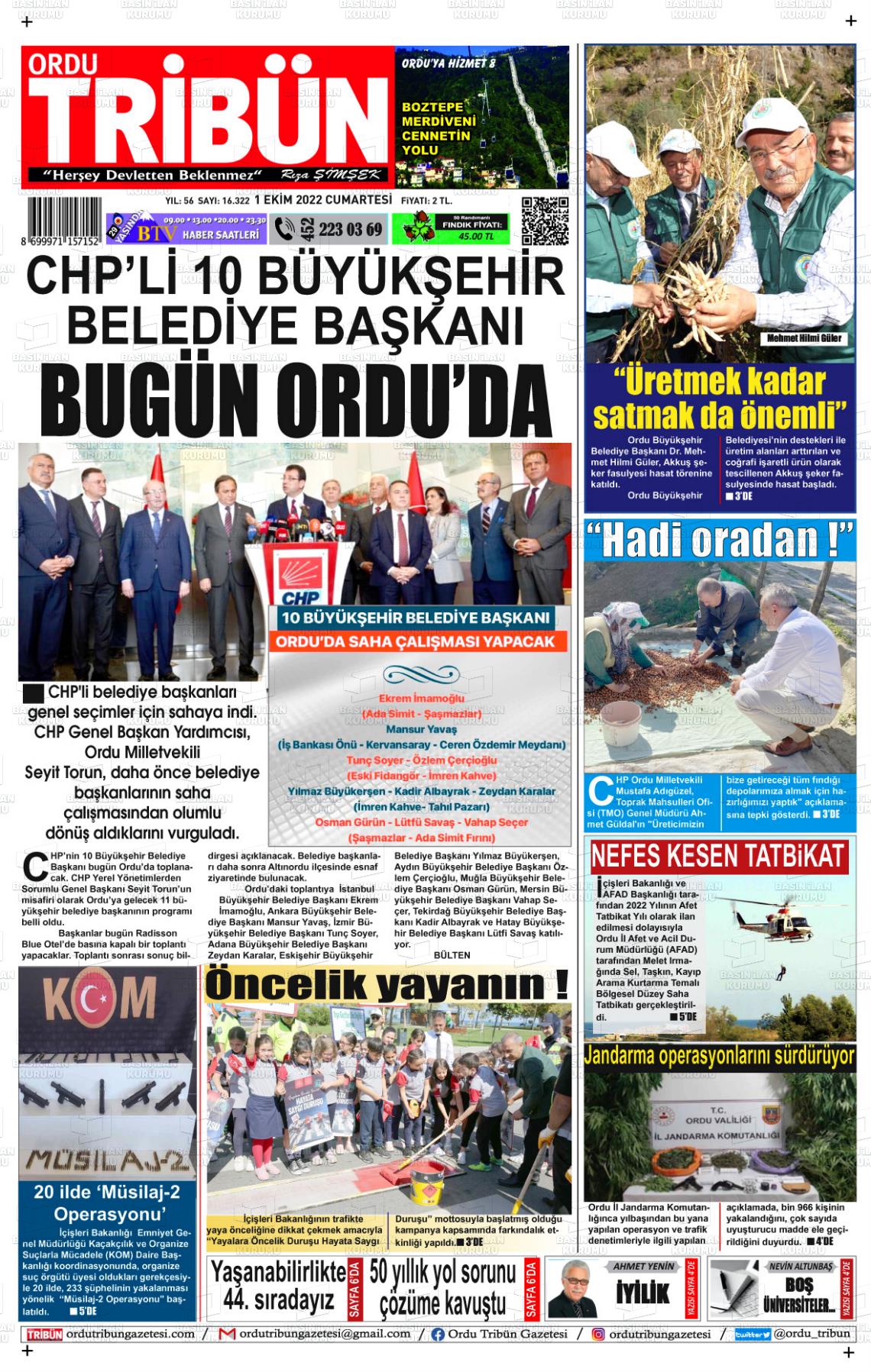 01 Ekim 2022 Ordu Tribün Gazete Manşeti