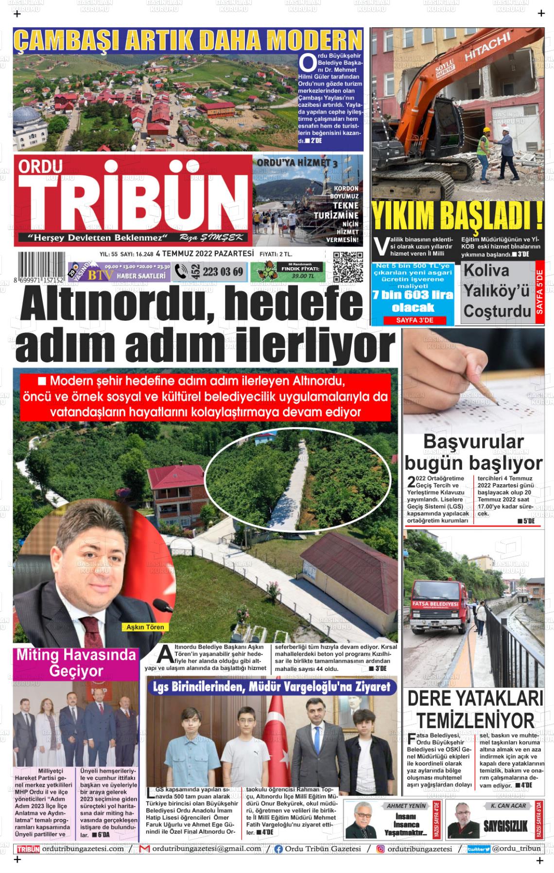 04 Temmuz 2022 Ordu Tribün Gazete Manşeti