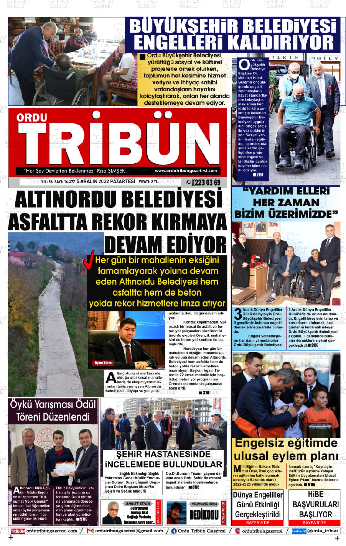 05 Aralık 2022 Ordu Tribün Gazete Manşeti