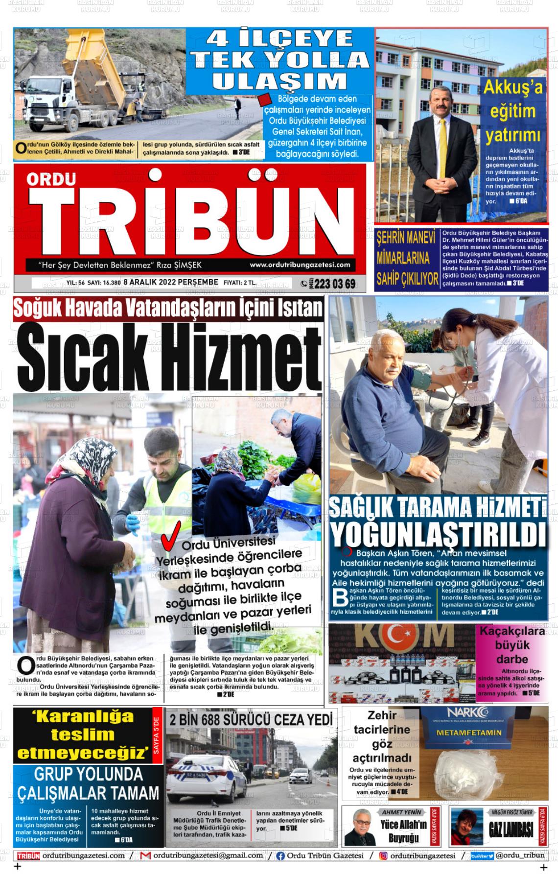 08 Aralık 2022 Ordu Tribün Gazete Manşeti