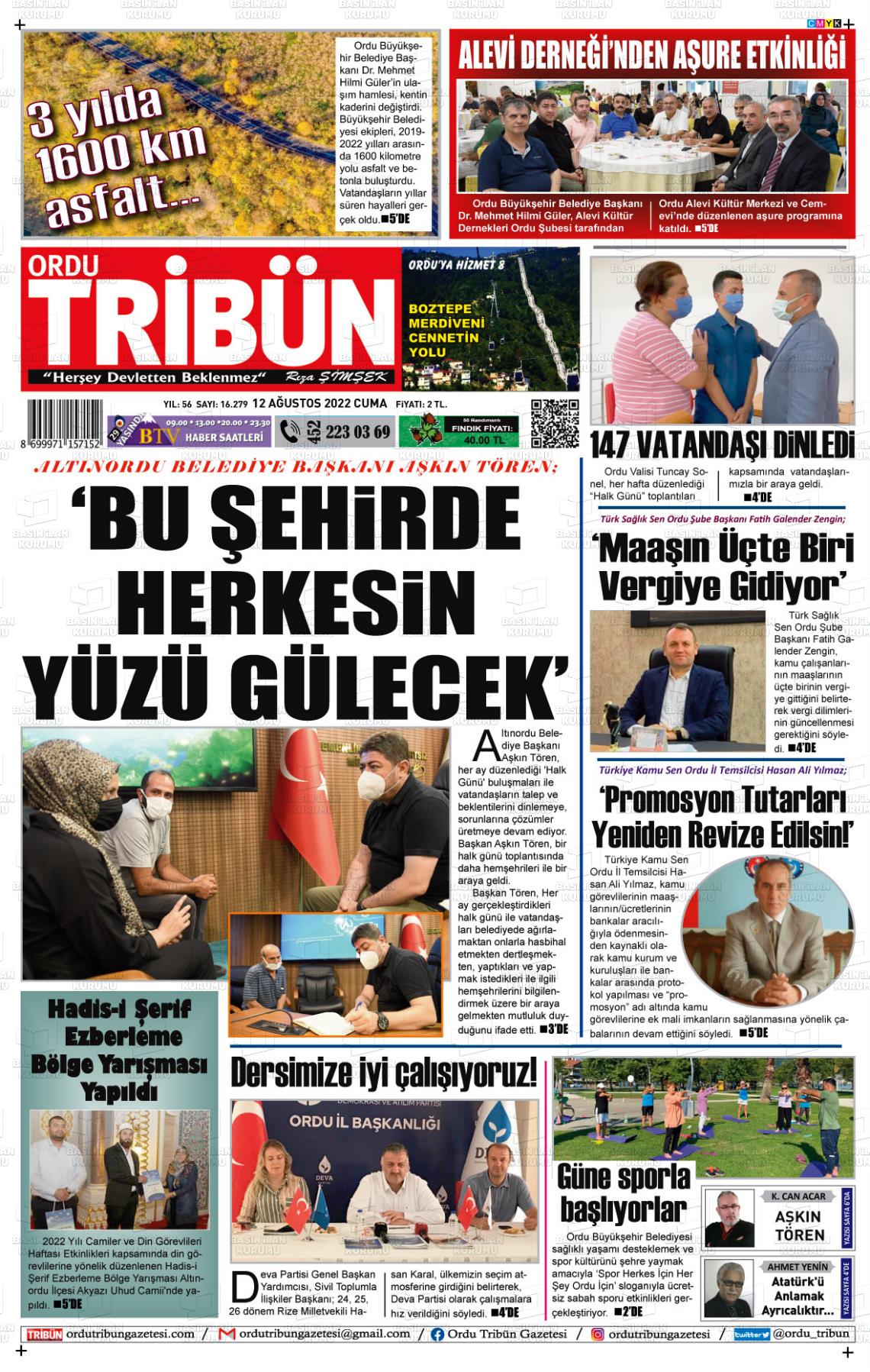 12 Ağustos 2022 Ordu Tribün Gazete Manşeti