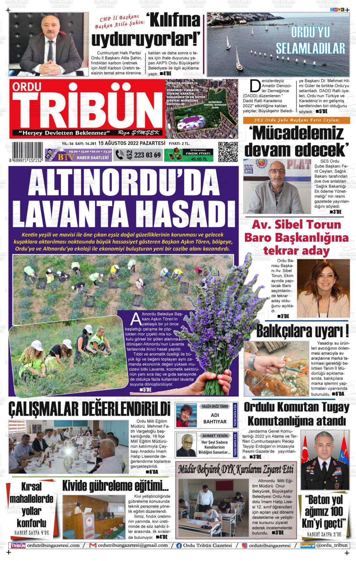 15 Ağustos 2022 Ordu Tribün Gazete Manşeti