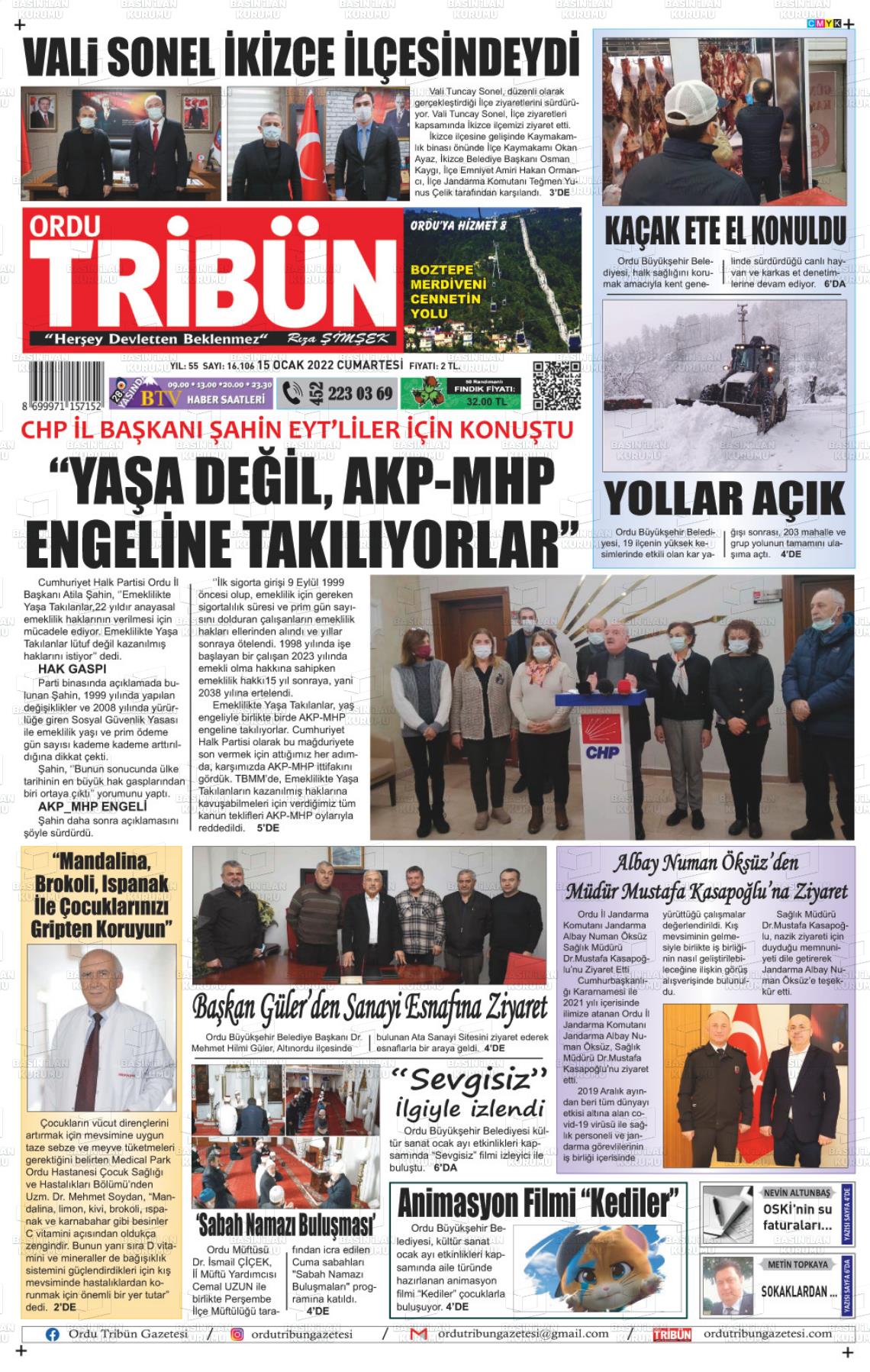 15 Ocak 2022 Ordu Tribün Gazete Manşeti