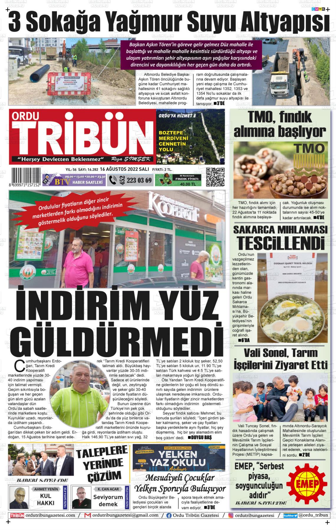16 Ağustos 2022 Ordu Tribün Gazete Manşeti
