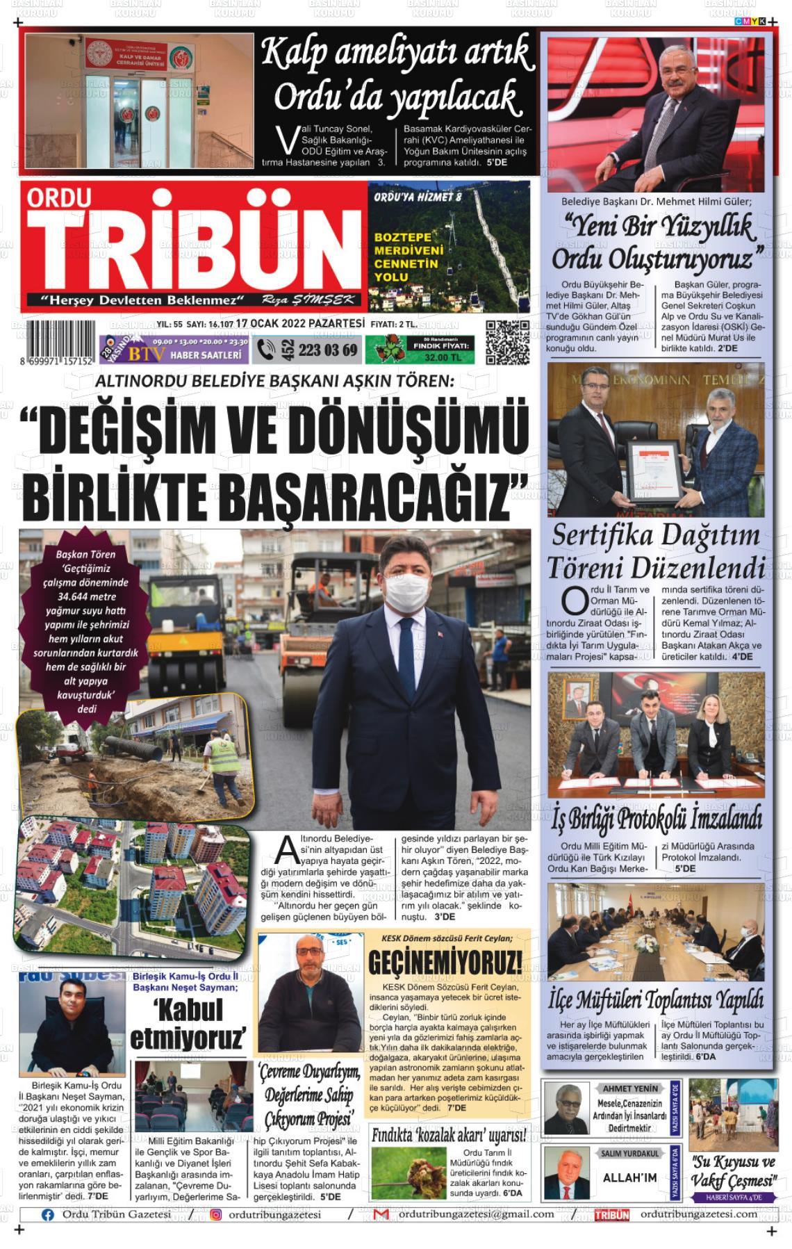 17 Ocak 2022 Ordu Tribün Gazete Manşeti
