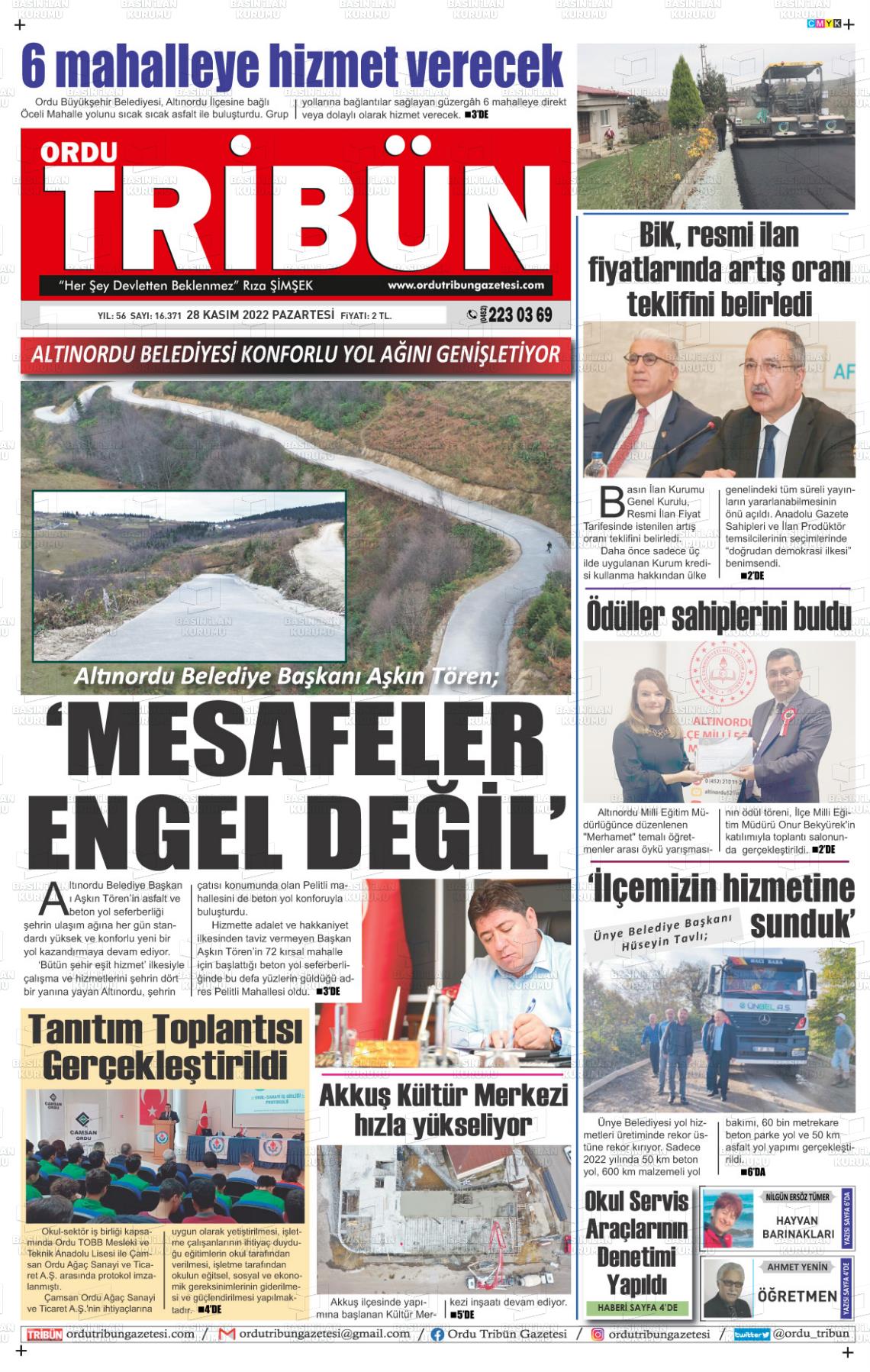 28 Kasım 2022 Ordu Tribün Gazete Manşeti