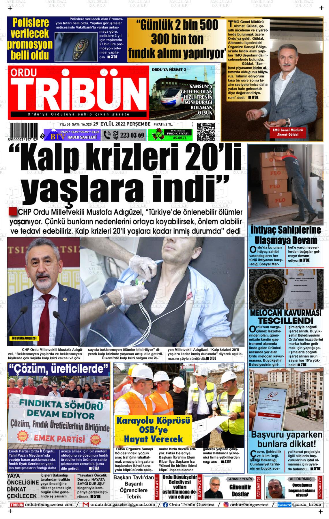 29 Eylül 2022 Ordu Tribün Gazete Manşeti