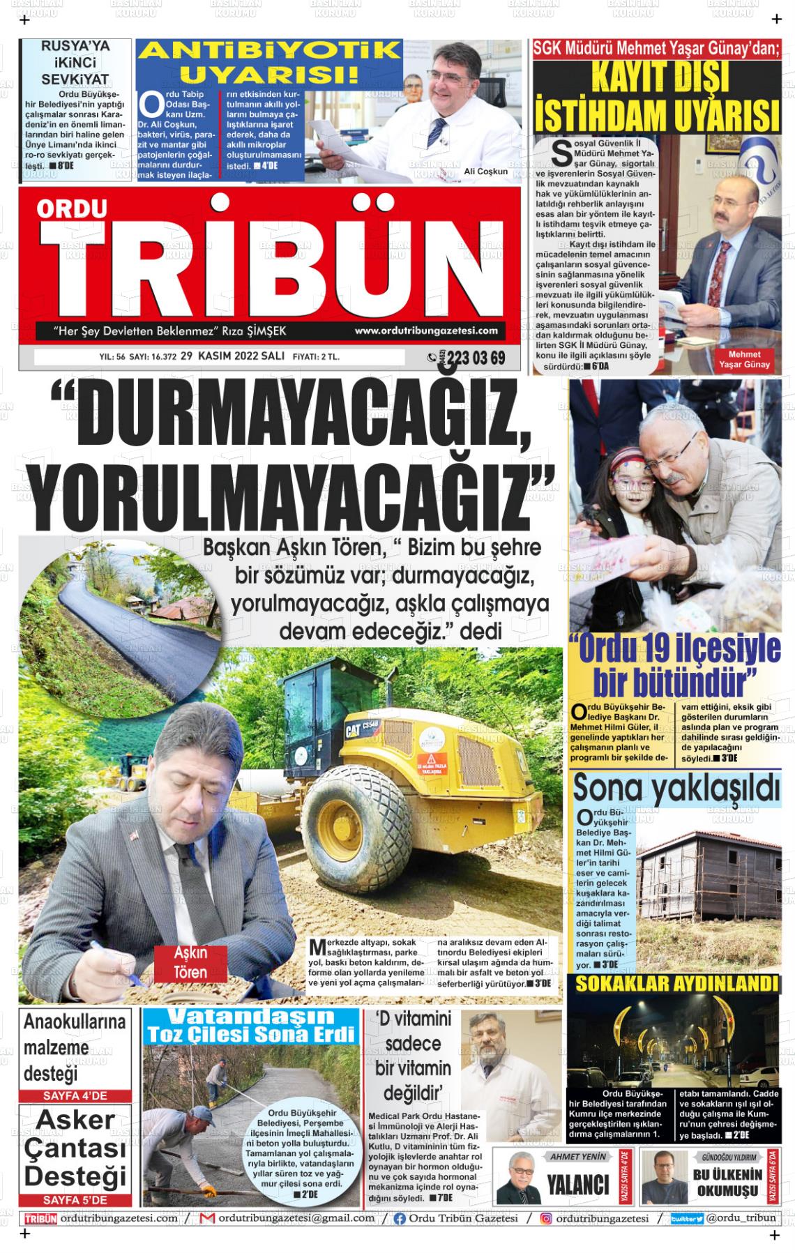 29 Kasım 2022 Ordu Tribün Gazete Manşeti