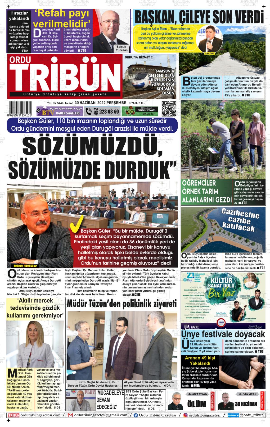 01 Temmuz 2022 Ordu Tribün Gazete Manşeti