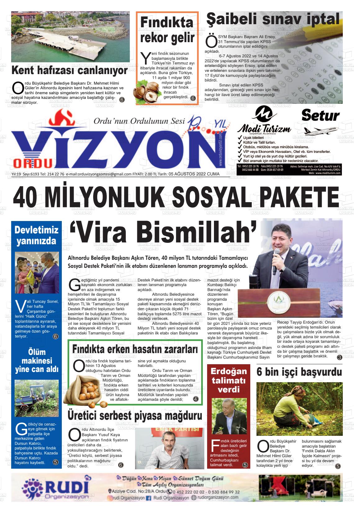 05 Ağustos 2022 Ordu Vizyon Gazete Manşeti