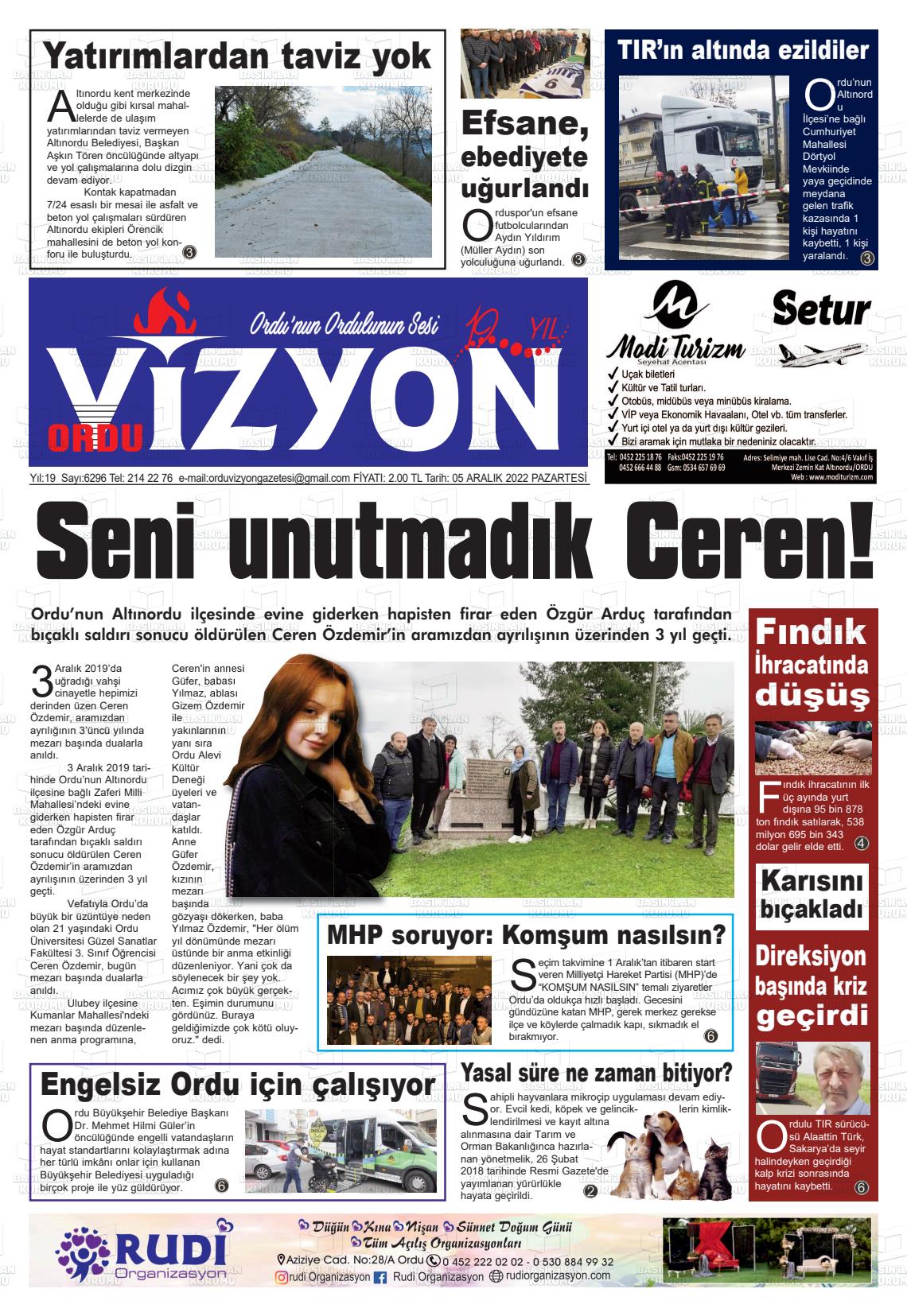 05 Aralık 2022 Ordu Vizyon Gazete Manşeti