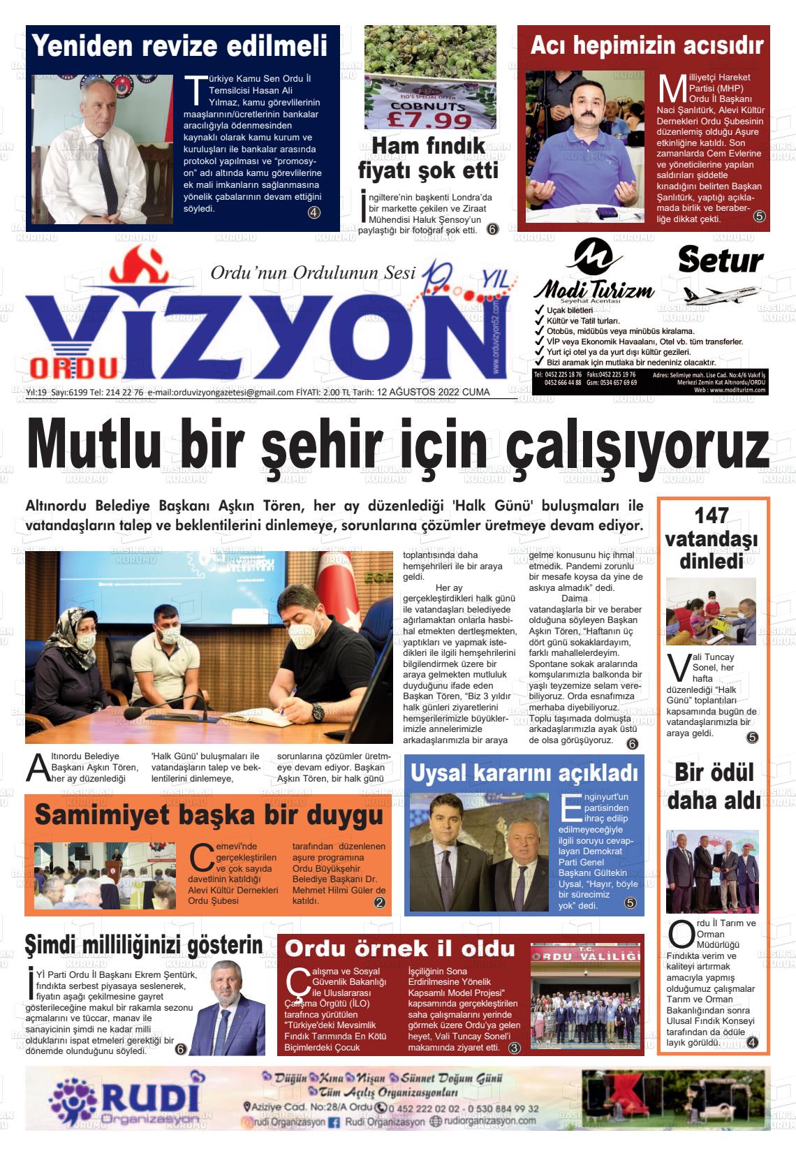 12 Ağustos 2022 Ordu Vizyon Gazete Manşeti