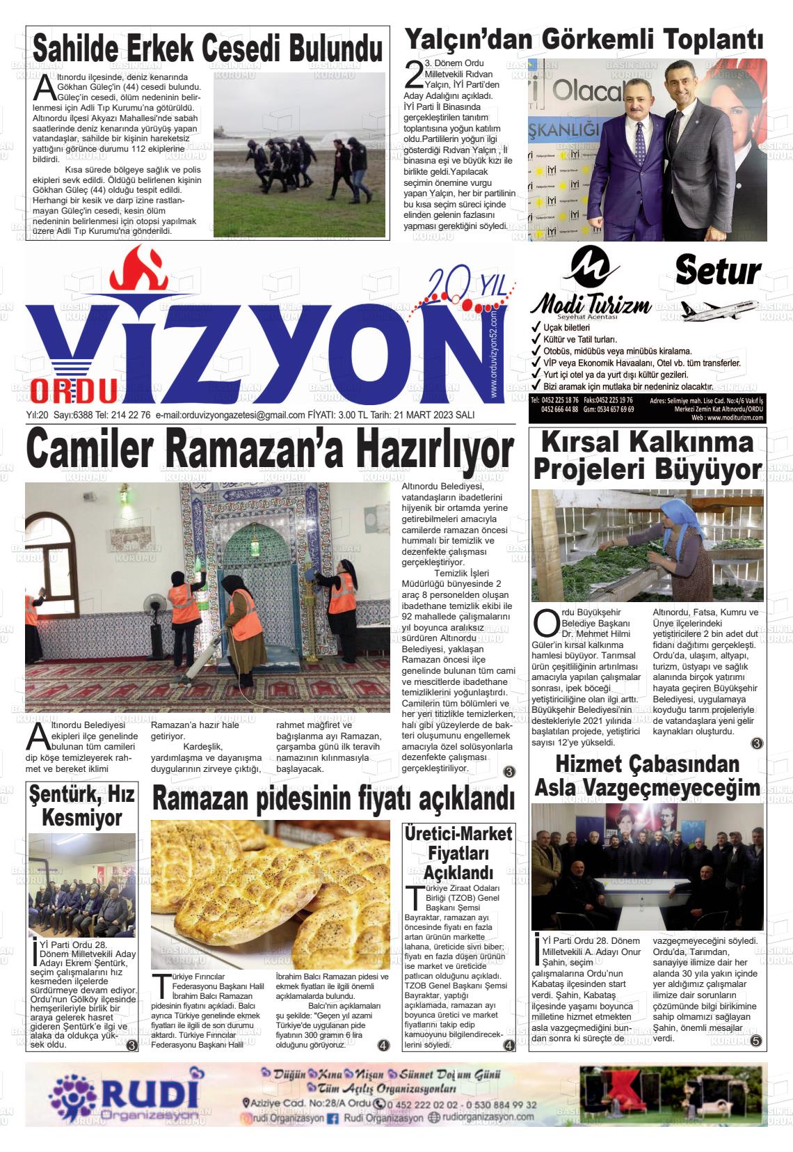 21 Mart 2023 Ordu Vizyon Gazete Manşeti