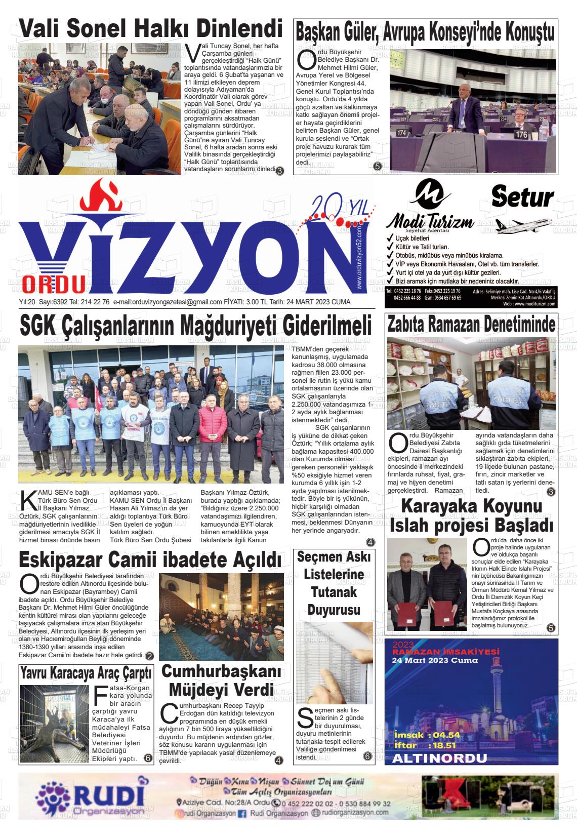 24 Mart 2023 Ordu Vizyon Gazete Manşeti