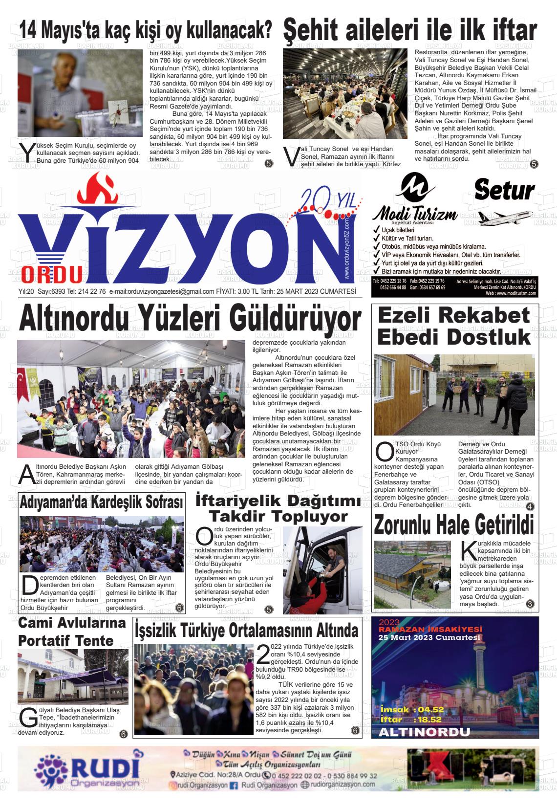 25 Mart 2023 Ordu Vizyon Gazete Manşeti