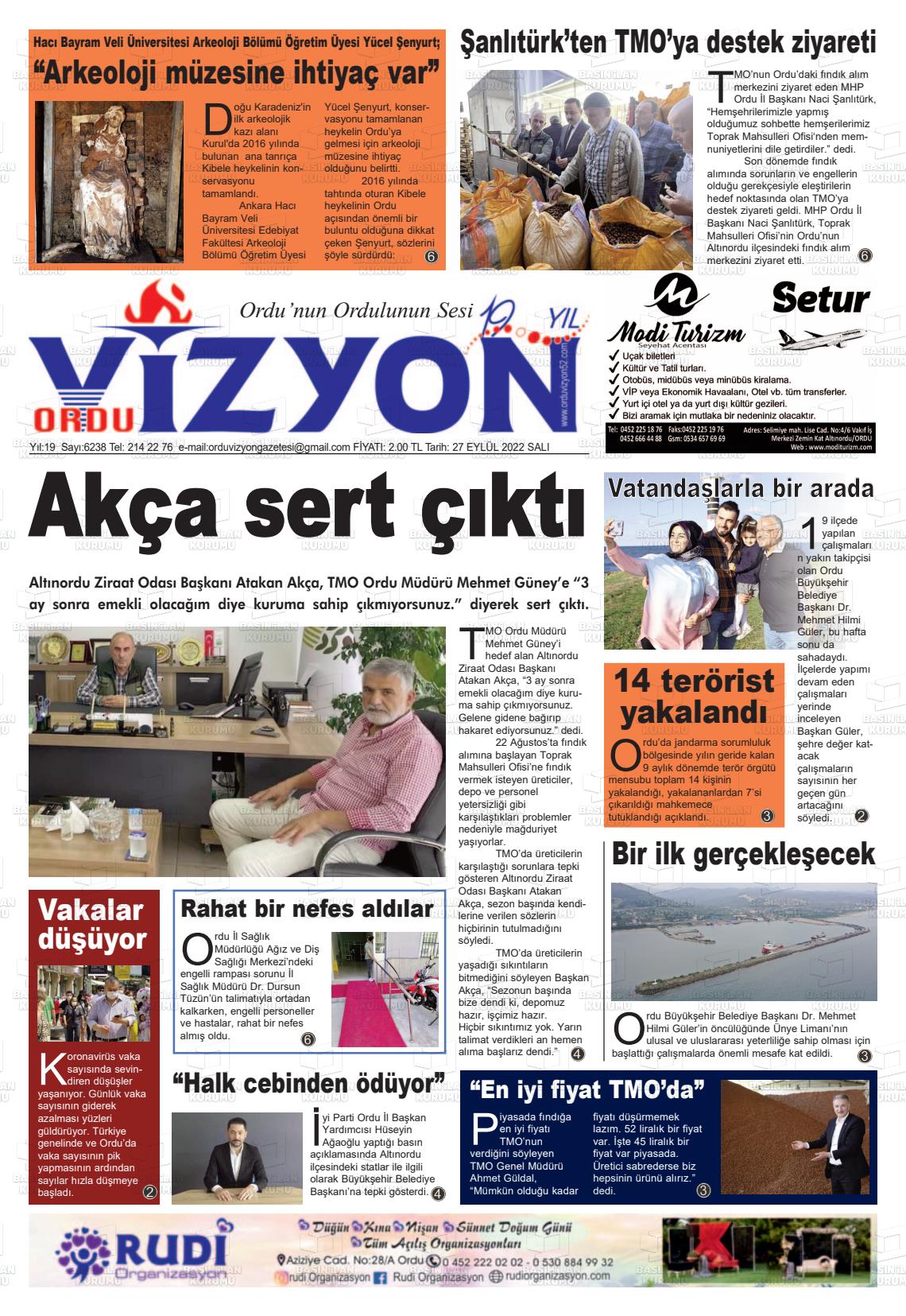 27 Eylül 2022 Ordu Vizyon Gazete Manşeti