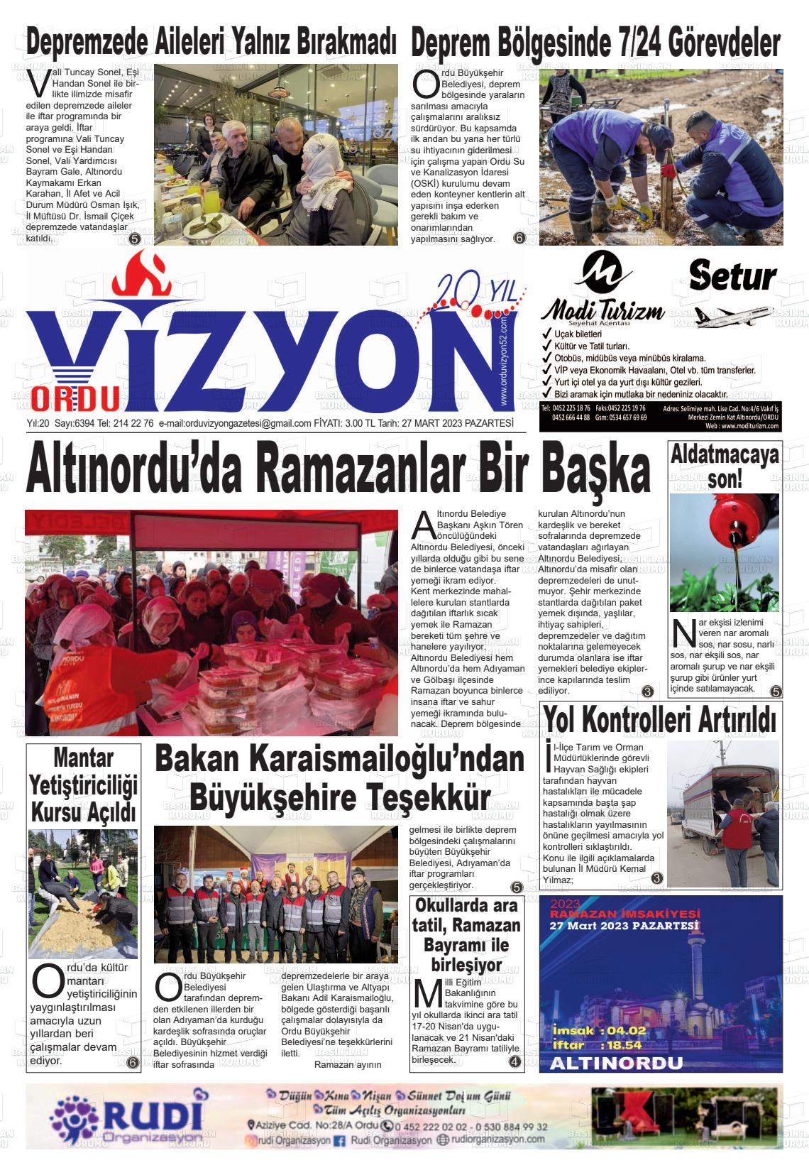 27 Mart 2023 Ordu Vizyon Gazete Manşeti